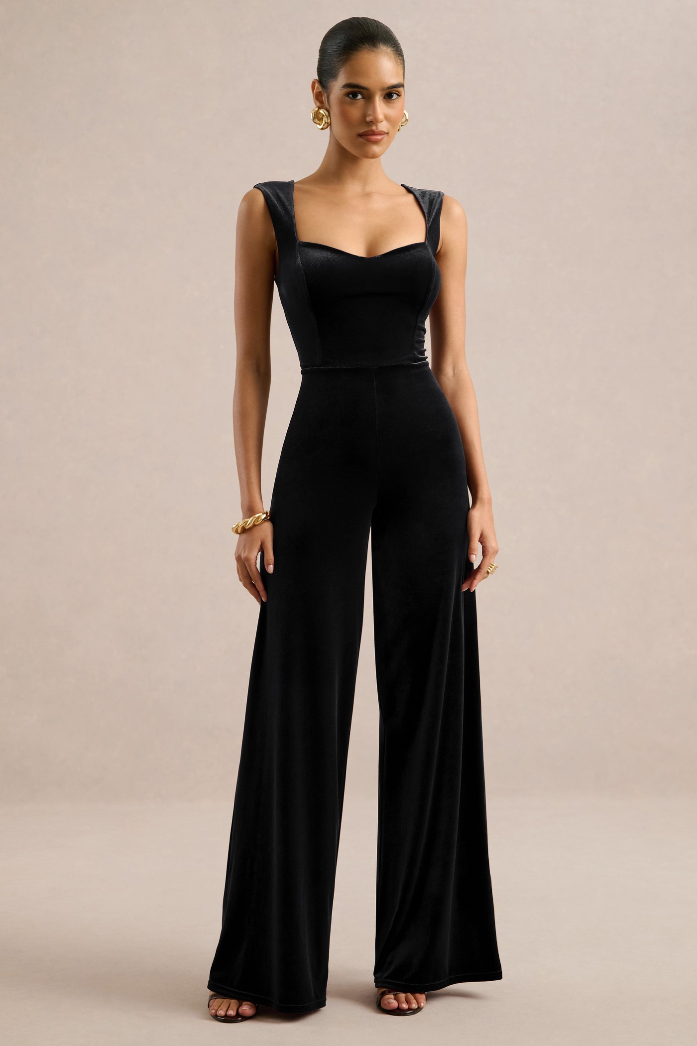 Cassonia | Black Velvet Sweetheart Straight Leg Jumpsuit
