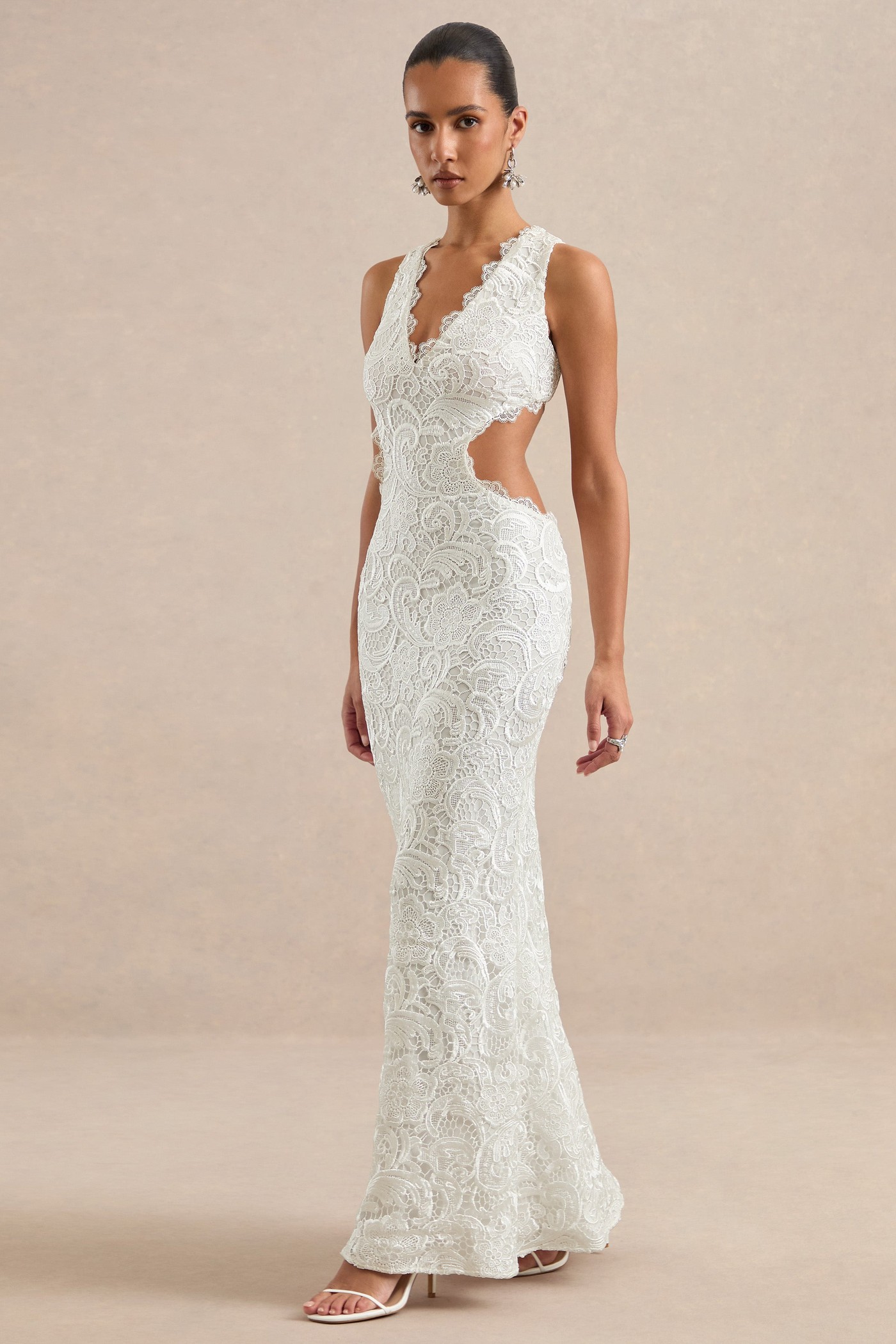Mayelle | White Lace Plunge Maxi Dress With Body Cut Out view 3