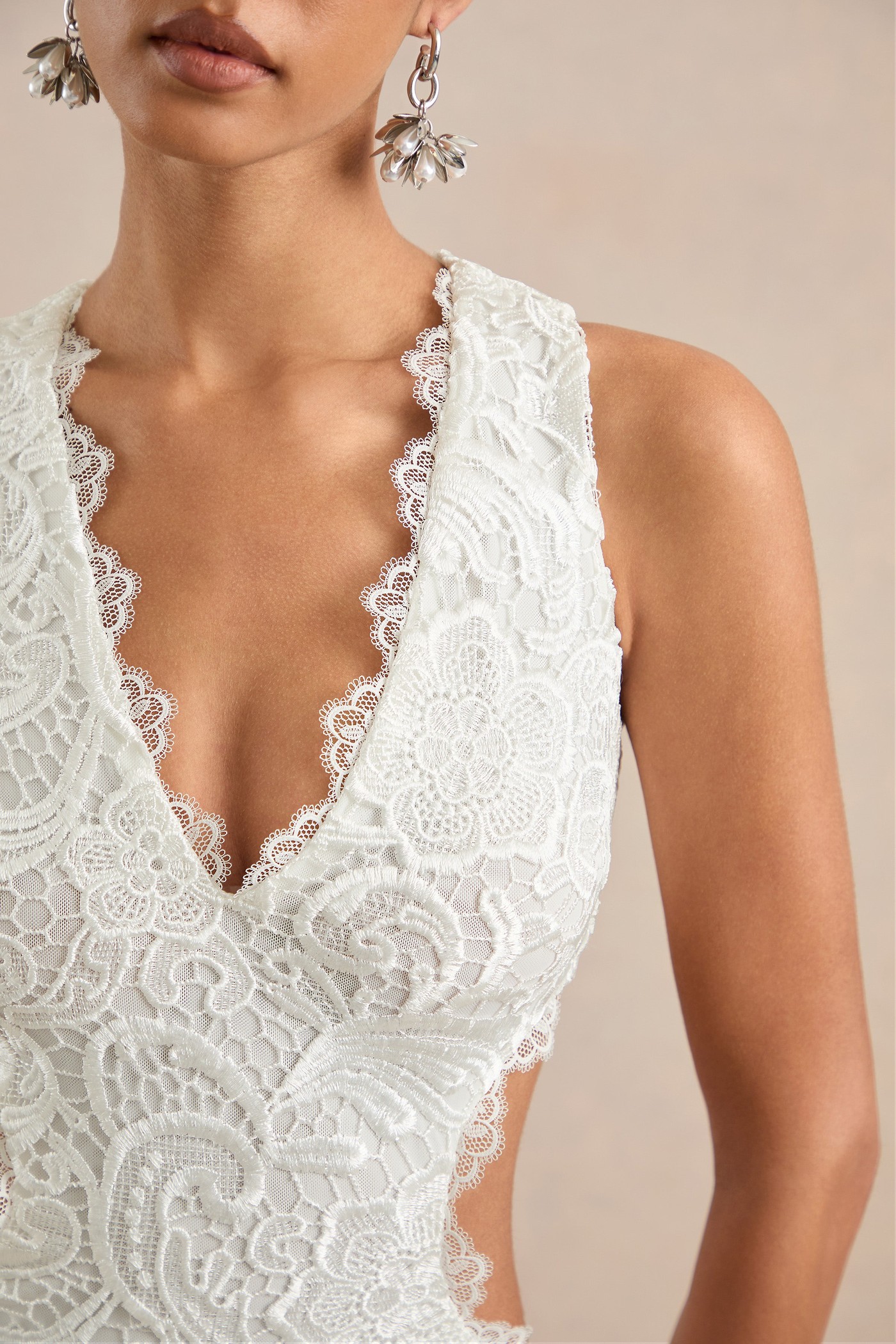 Mayelle | White Lace Plunge Maxi Dress With Body Cut Out view 4