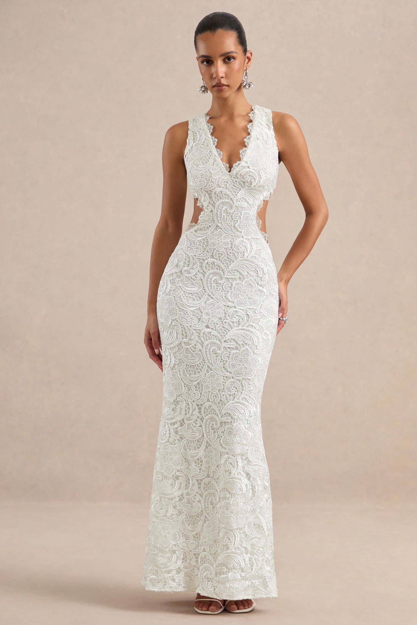 Mayelle | White Lace Plunge Maxi Dress With Body Cut Out
