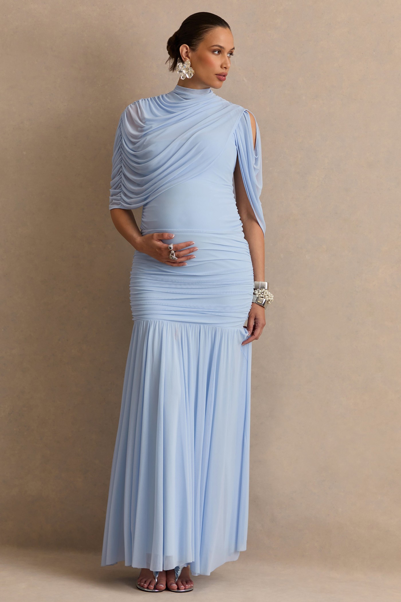 Cyrena | Light Blue High-Neck Maternity Top With Asymmetric Cape view 3