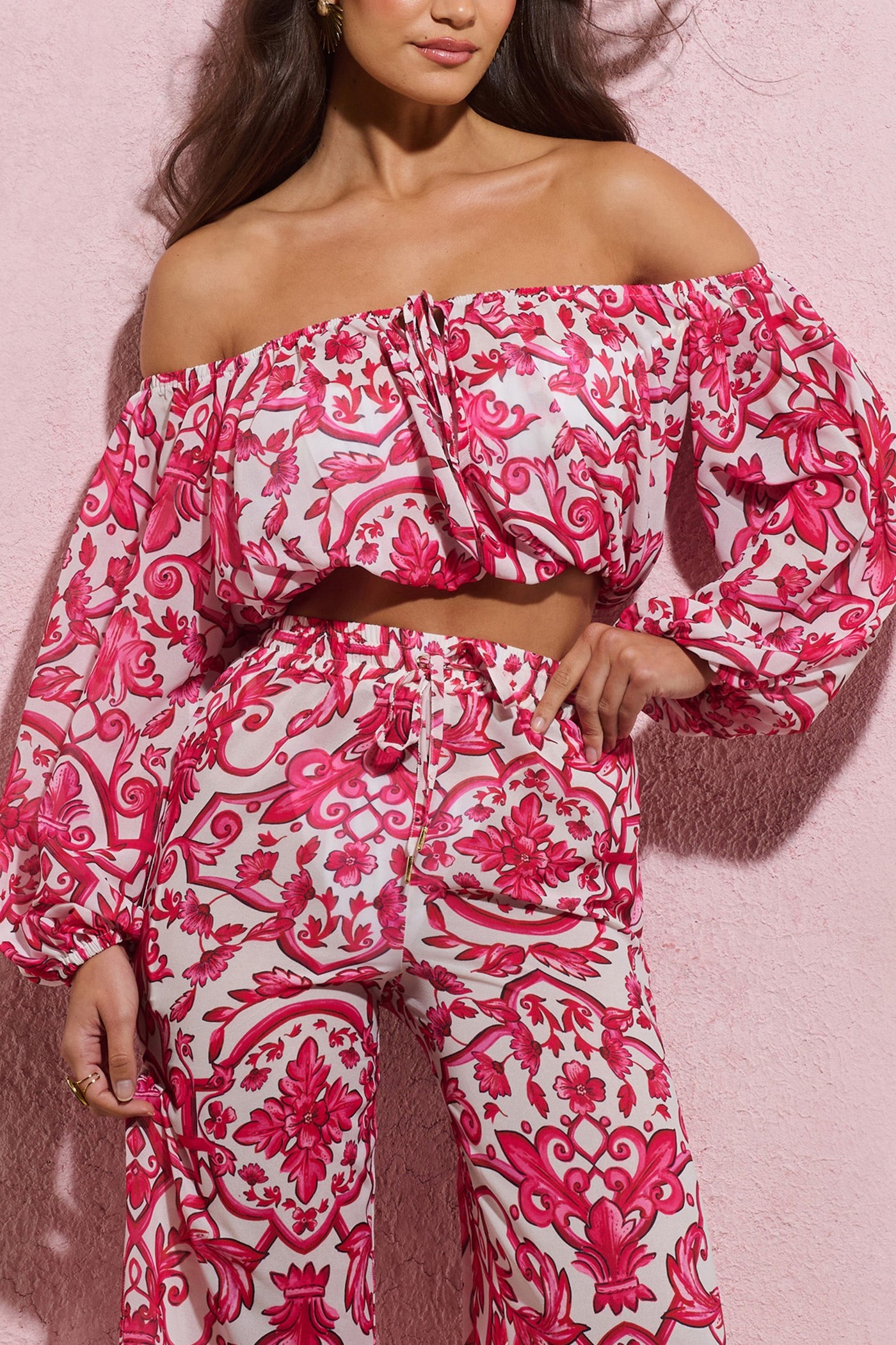 Joi | Pink Porcelain Print Chiffon Bardot Crop Top view 3