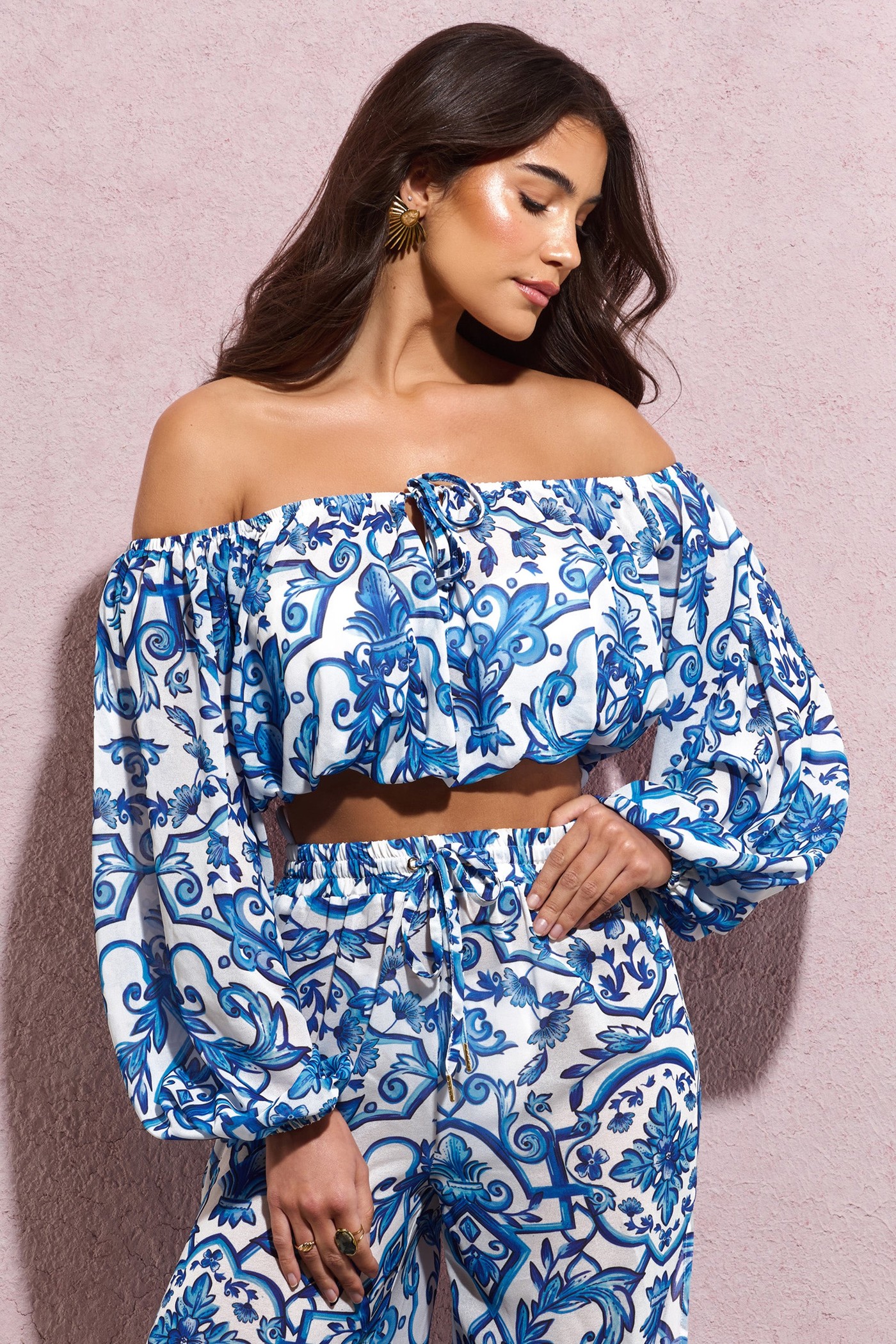 Joi | Blue Porcelain Print Chiffon Bardot Crop Top view 3