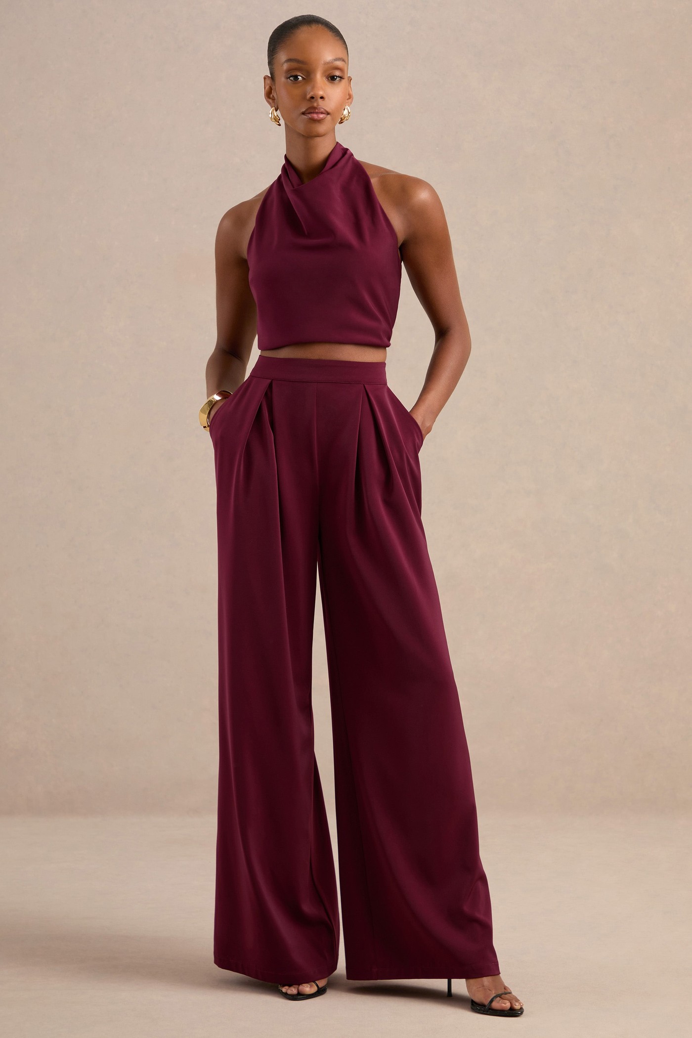 Marne | Berry Satin Cowl Top With Tie Back view 3