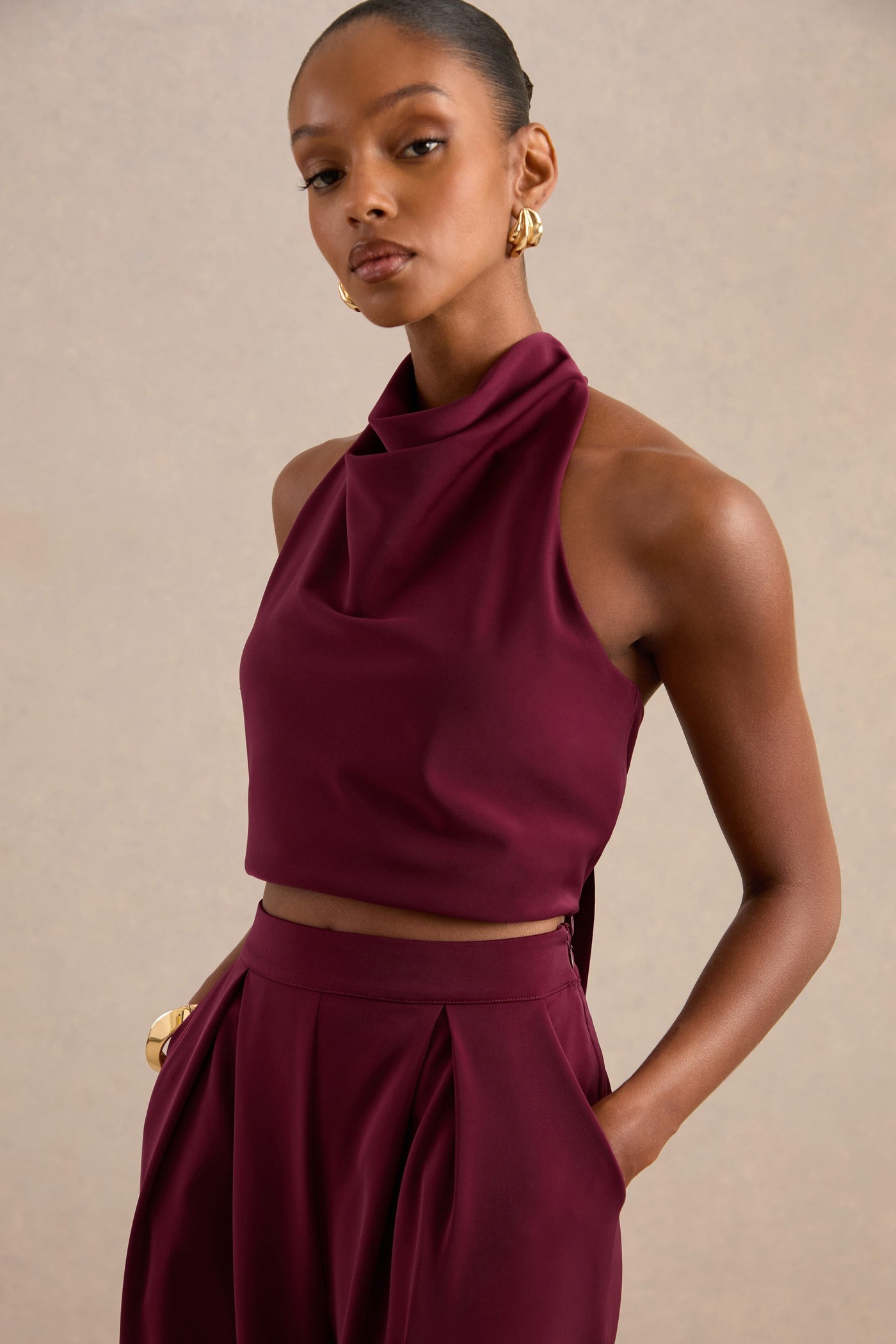 Marne | Berry Satin Cowl Top With Tie Back view 4