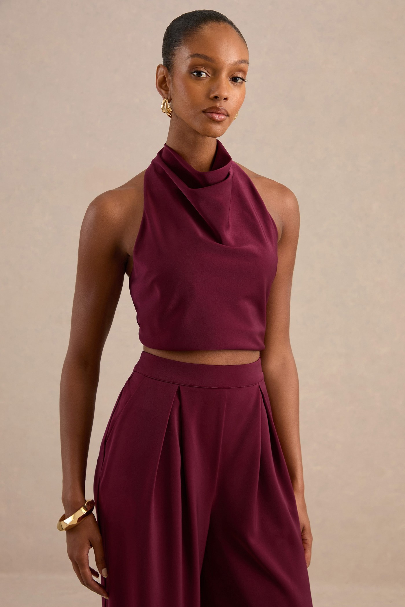 Marne | Berry Satin Cowl Top With Tie Back