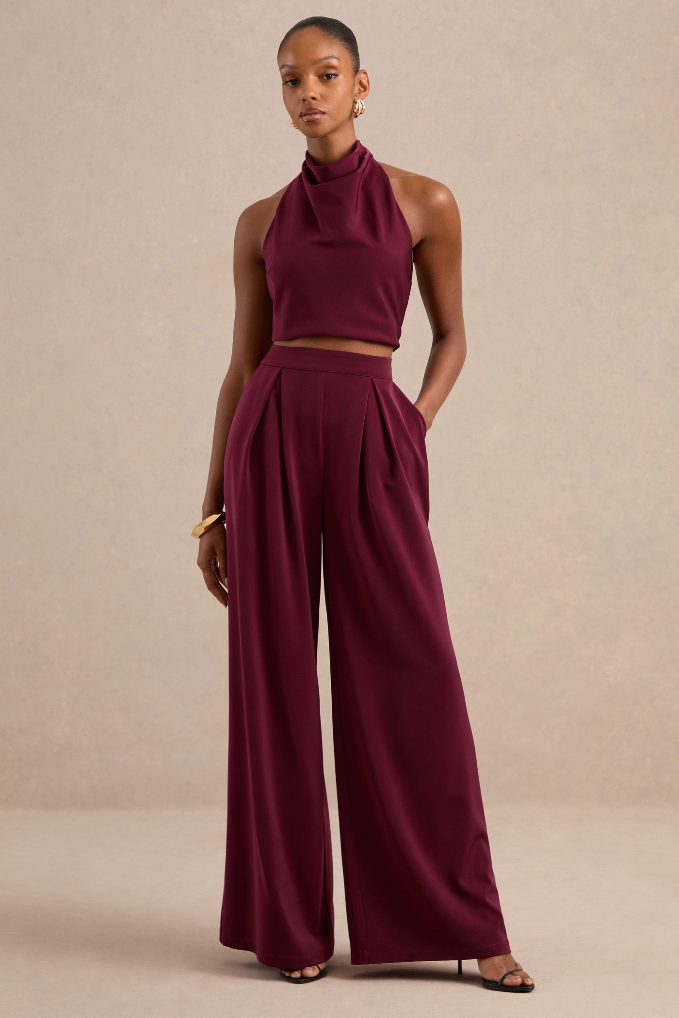 Marne | Berry Satin High Rise Trousers With Tailoring