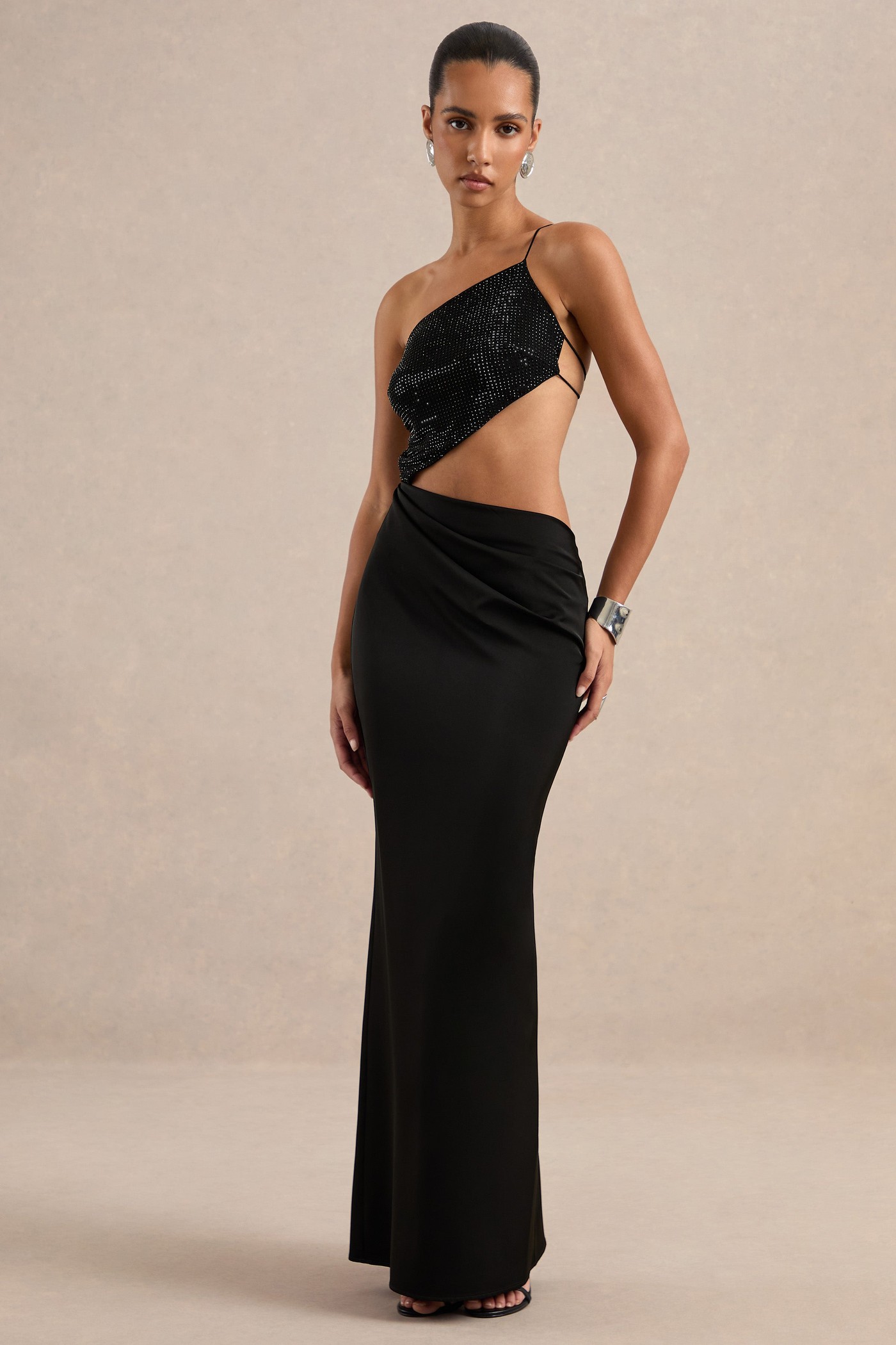 Lianae | Black Satin Diamante Maxi Dress With Body Cut Out and Open Back view 3