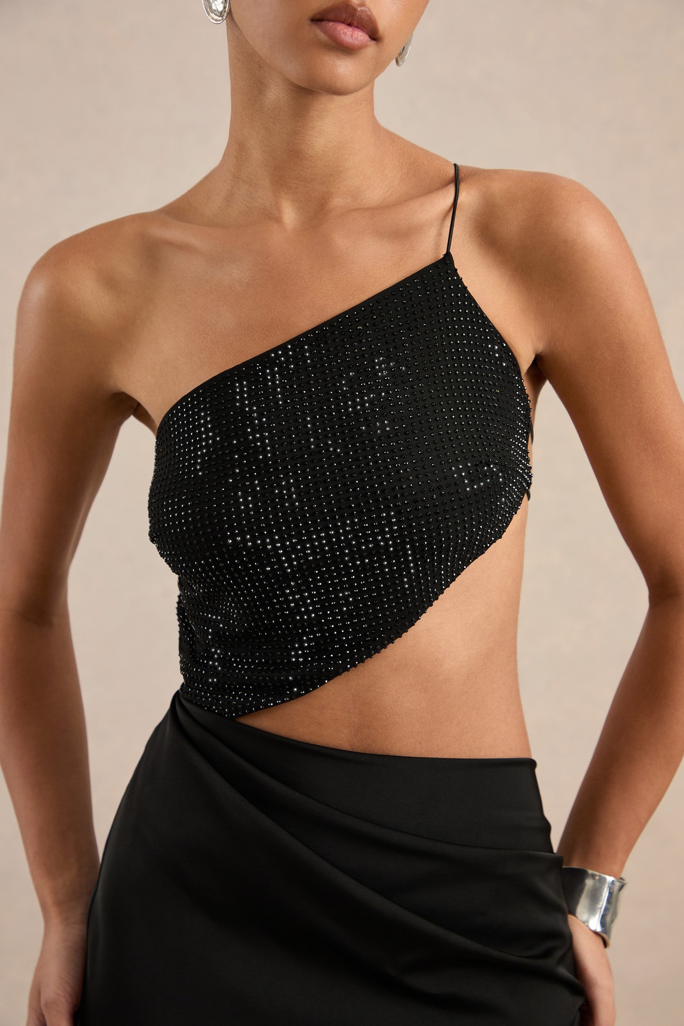 Lianae | Black Satin Diamante Maxi Dress With Body Cut Out and Open Back view 4