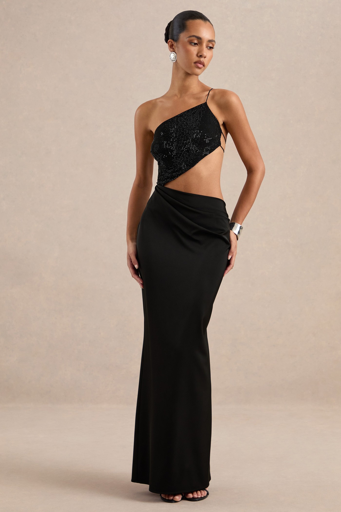 Lianae | Black Satin Diamante Maxi Dress With Body Cut Out and Open Back