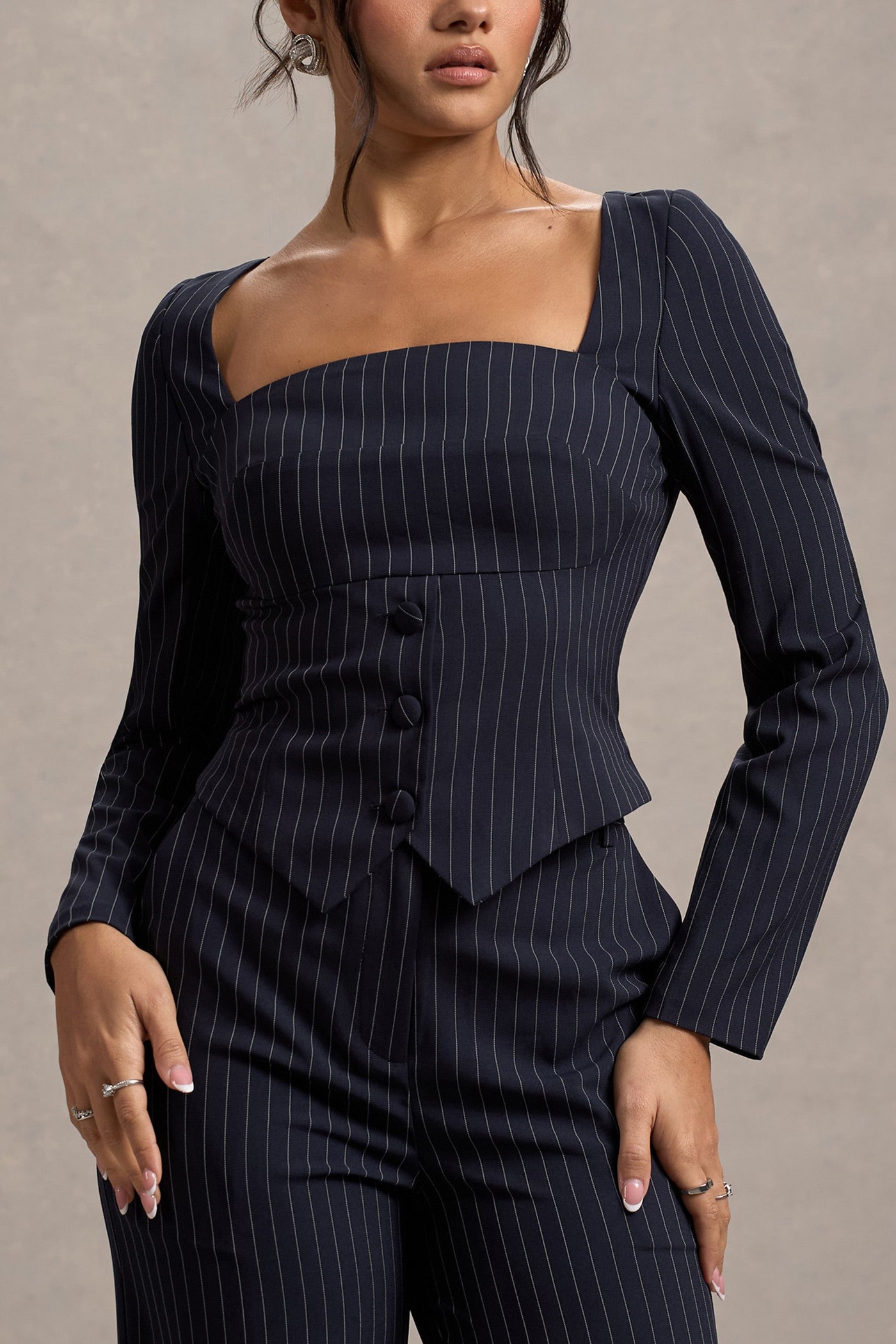 Los Angeles | Navy Pinstripe Tailored Top view 3