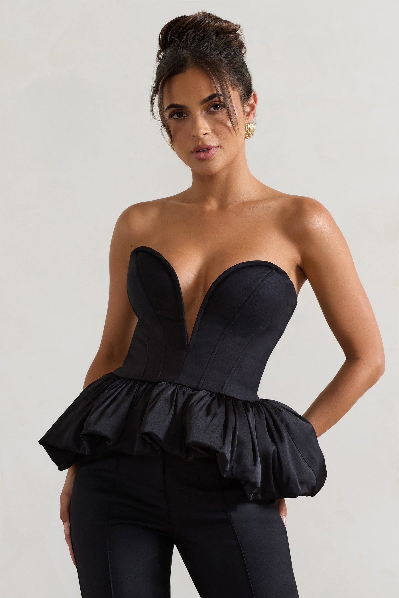 Huntley | Black Sweetheart Corset Top With Satin Puff Hem view 3