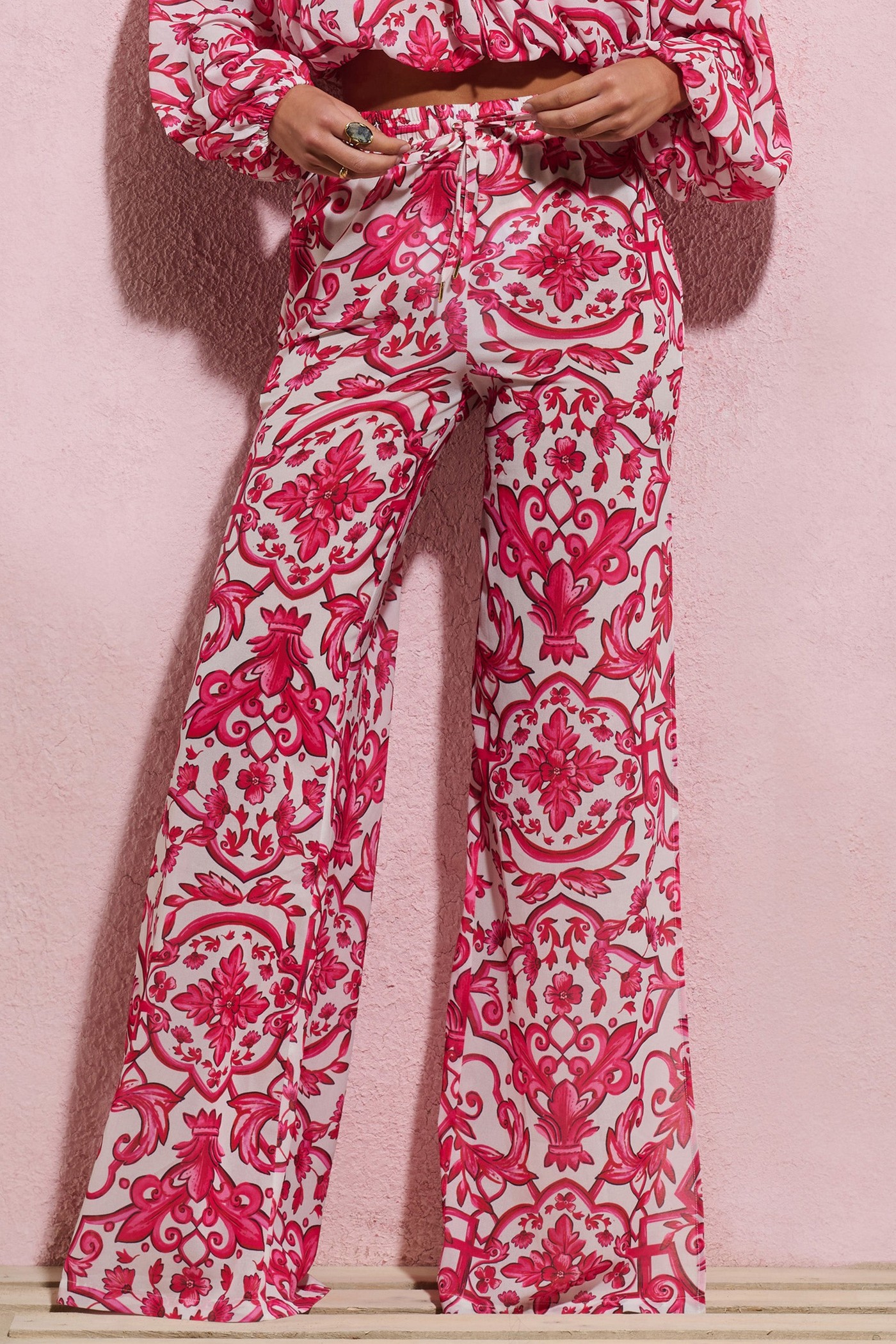 Bea | Pink Porcelain Print Chiffon Split Wide-Leg Trousers view 3
