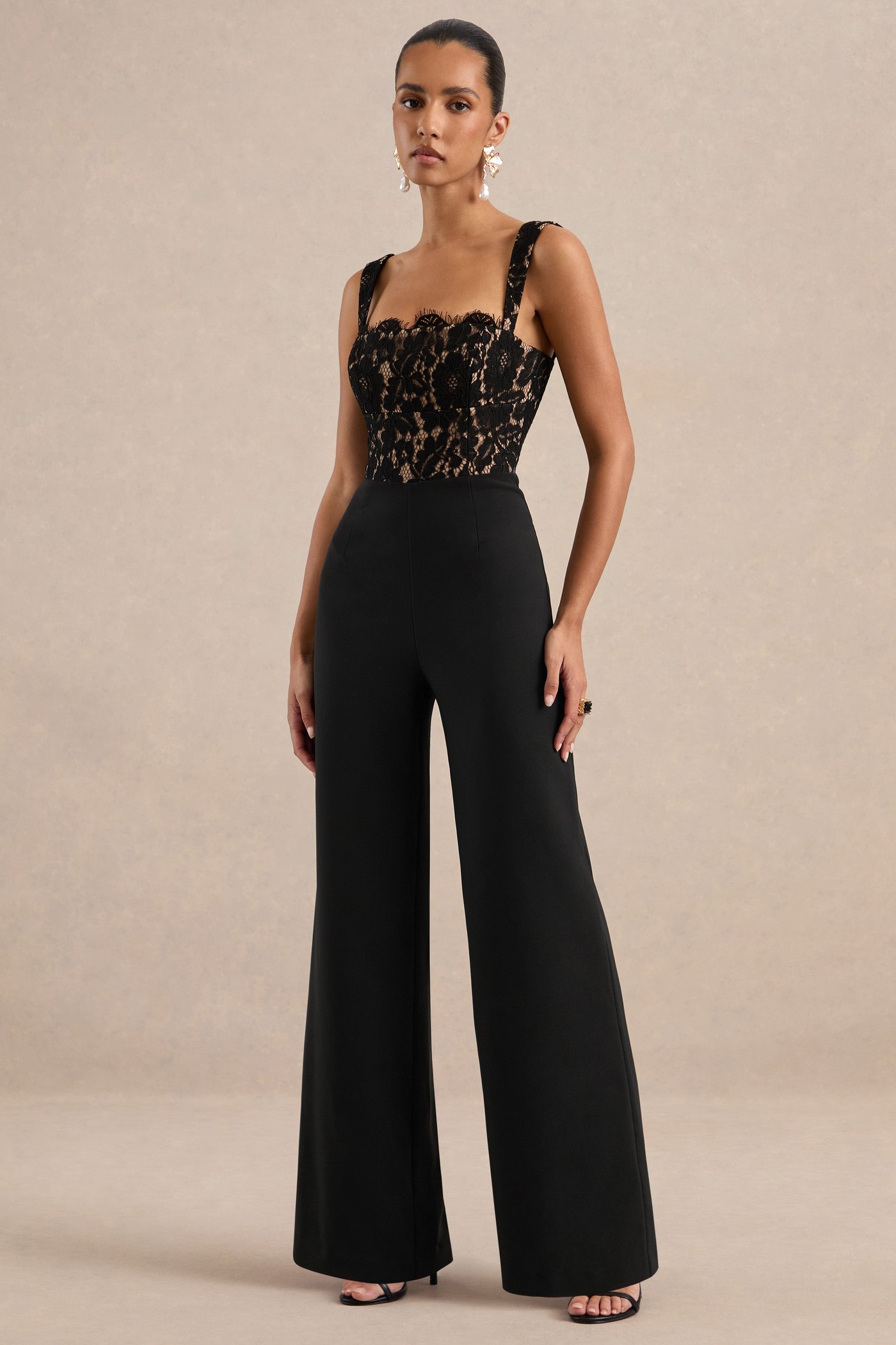 Marigold | Black Lace Square Neck Jumpsuit With Boning view 3