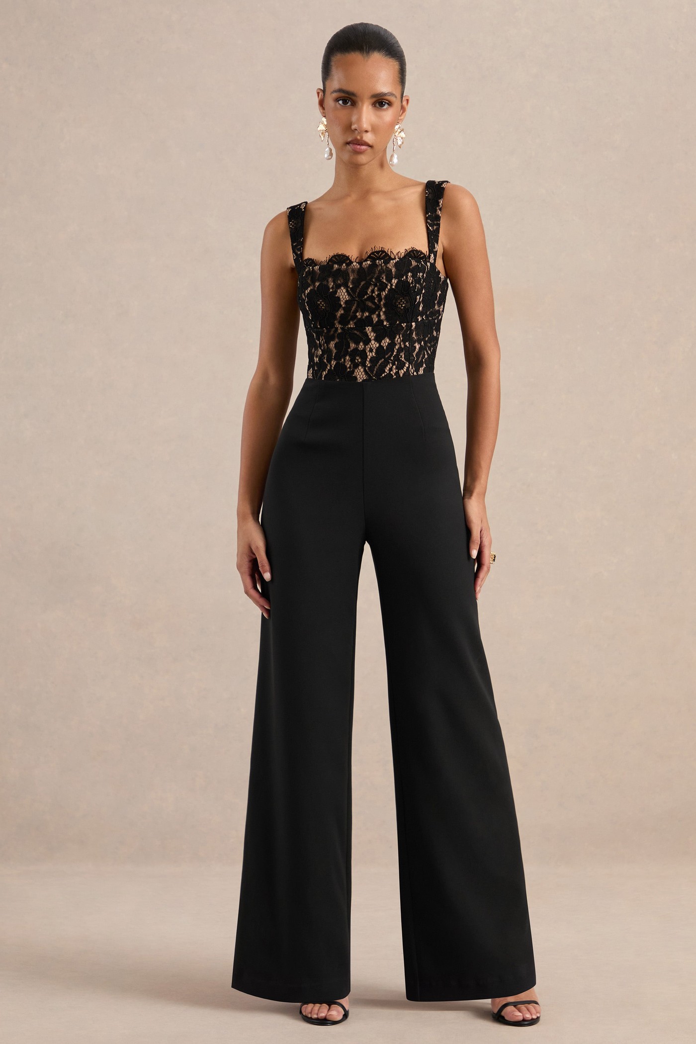 Marigold | Black Lace Square Neck Jumpsuit With Boning