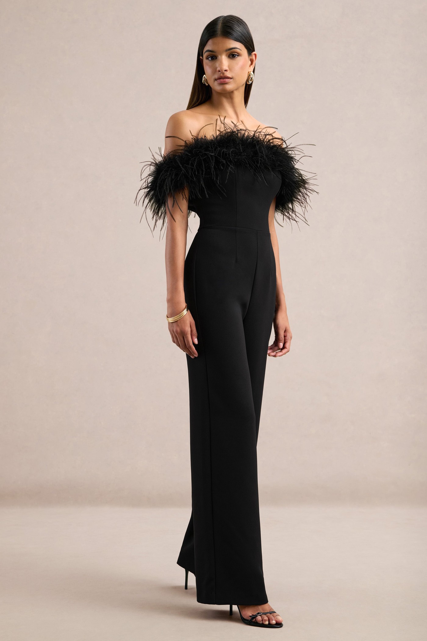 Halonna | Black Off The Shoulder Jumpsuit With Feather Detailing view 3