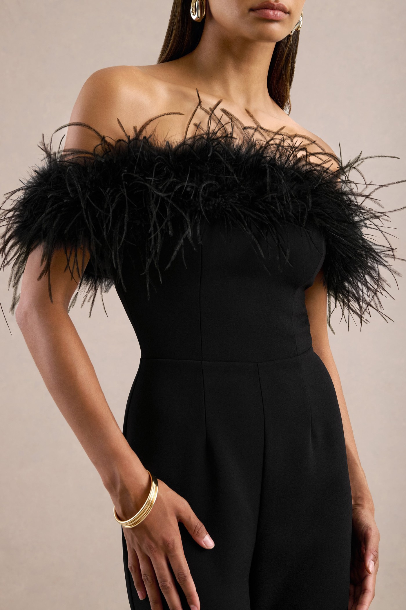 Halonna | Black Off The Shoulder Jumpsuit With Feather Detailing view 4