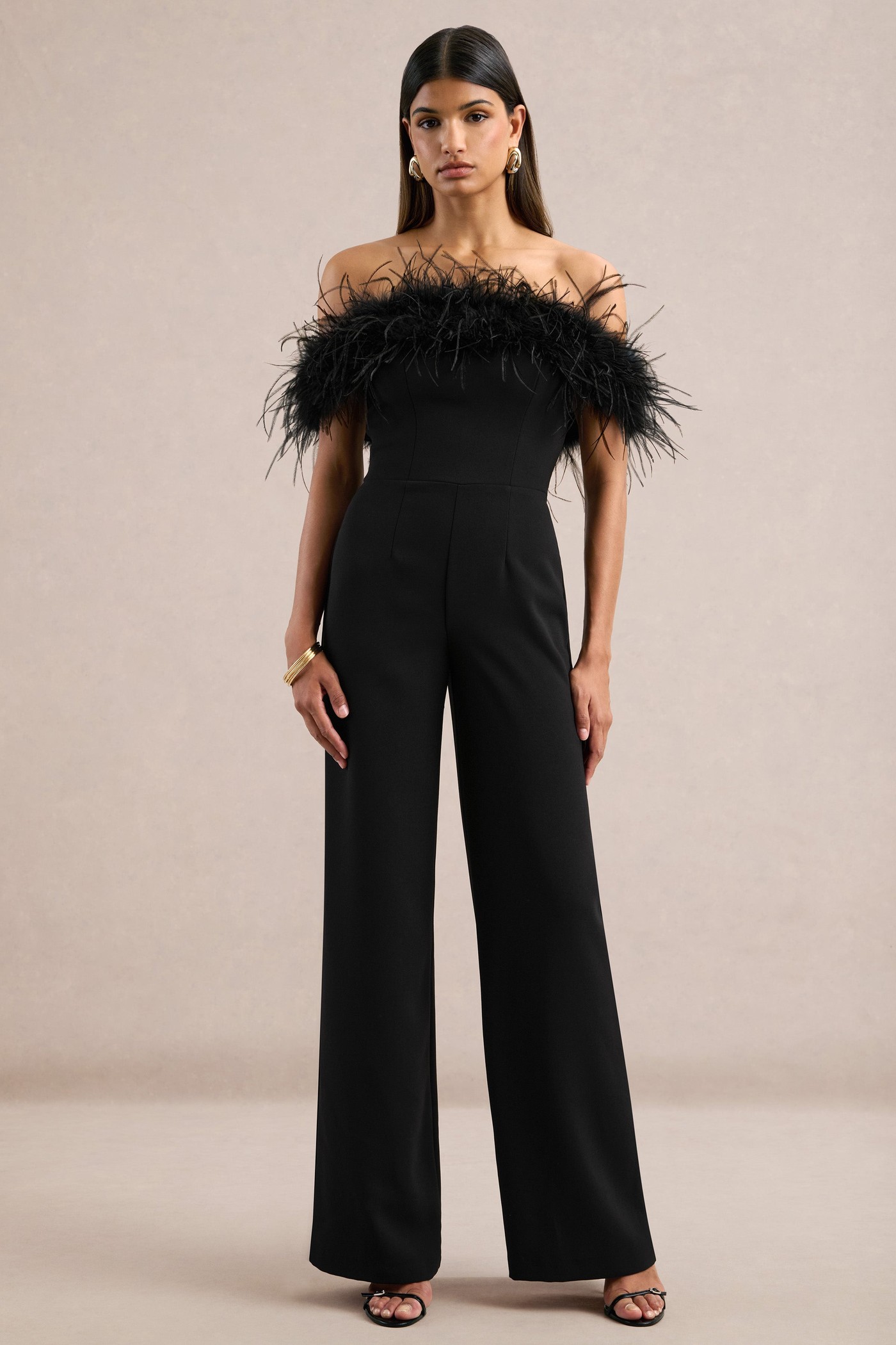 Halonna | Black Off The Shoulder Jumpsuit With Feather Detailing