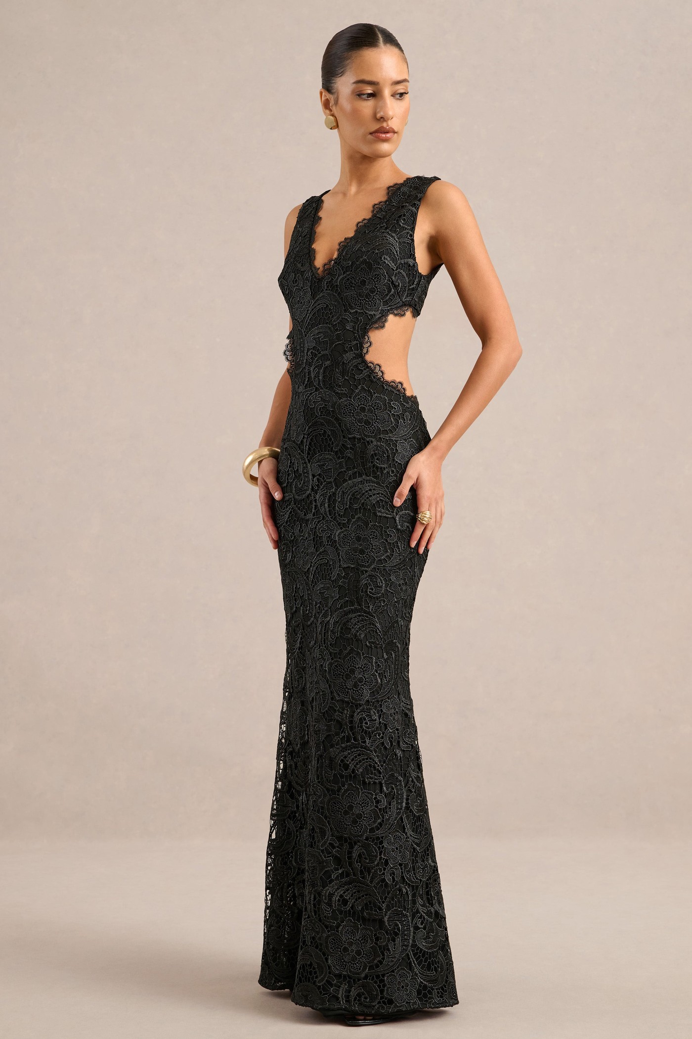 Mayelle | Black Lace Plunge Maxi Dress With Body Cut Out view 3
