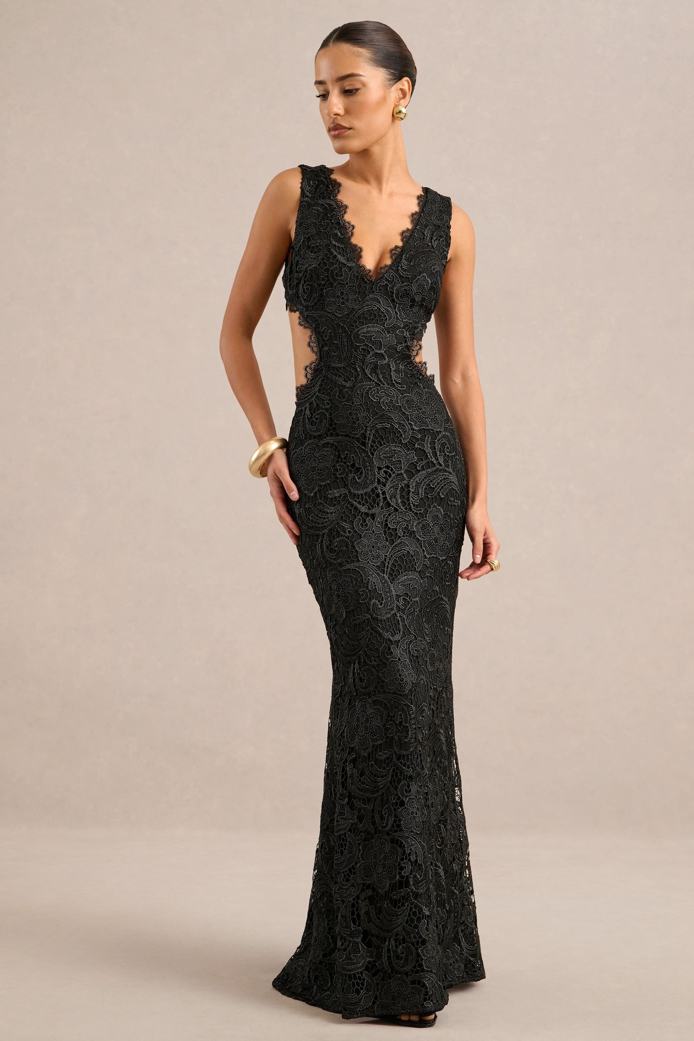 Mayelle | Black Lace Plunge Maxi Dress With Body Cut Out