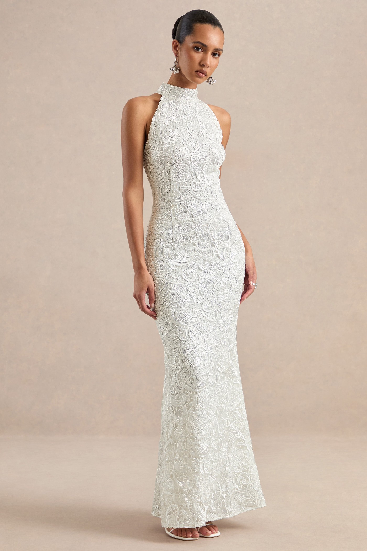 Devenia | White Lace High Neck Maxi Dress With Low Back And Back Split view 3
