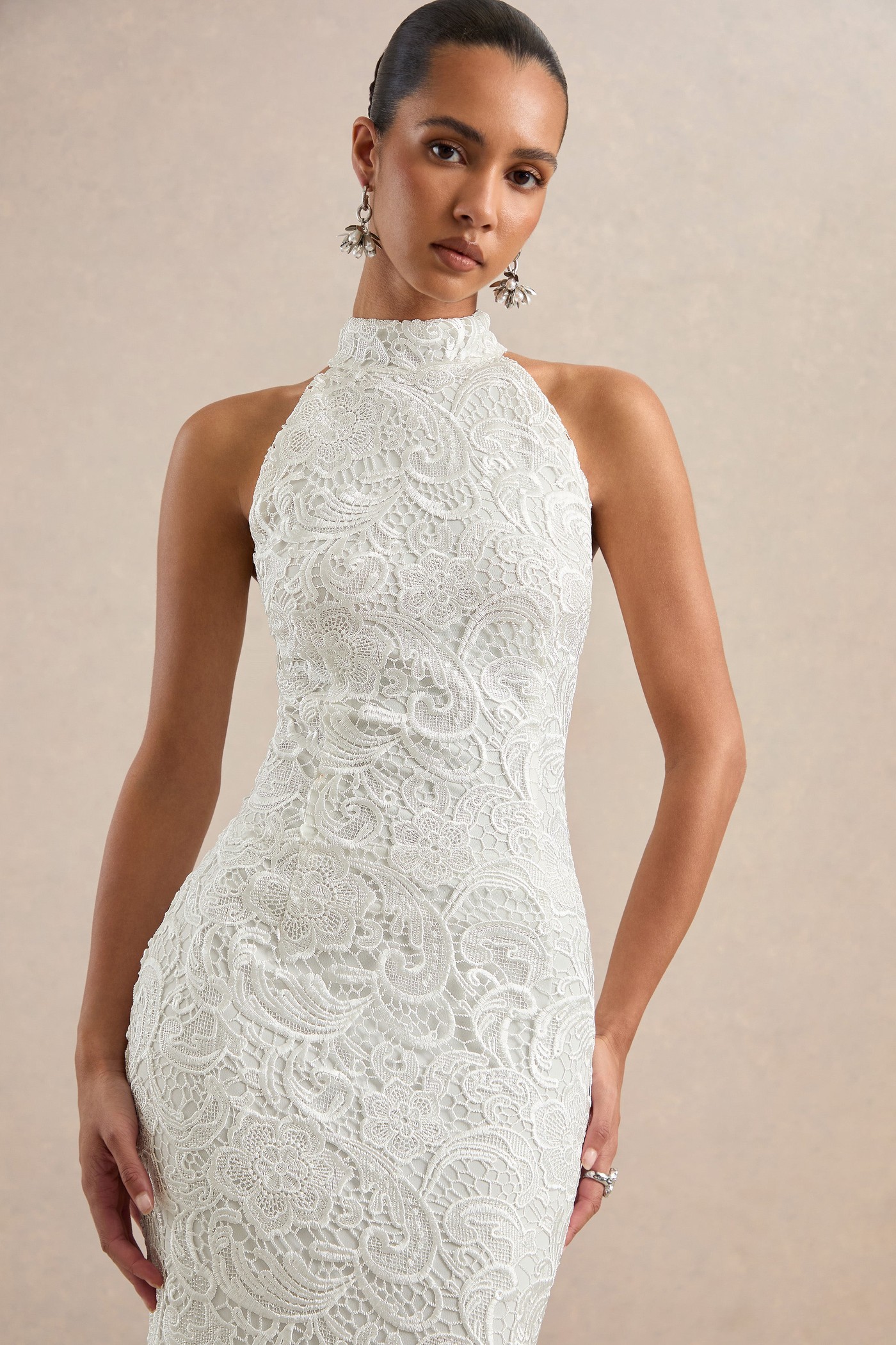 Devenia | White Lace High Neck Maxi Dress With Low Back And Back Split view 4