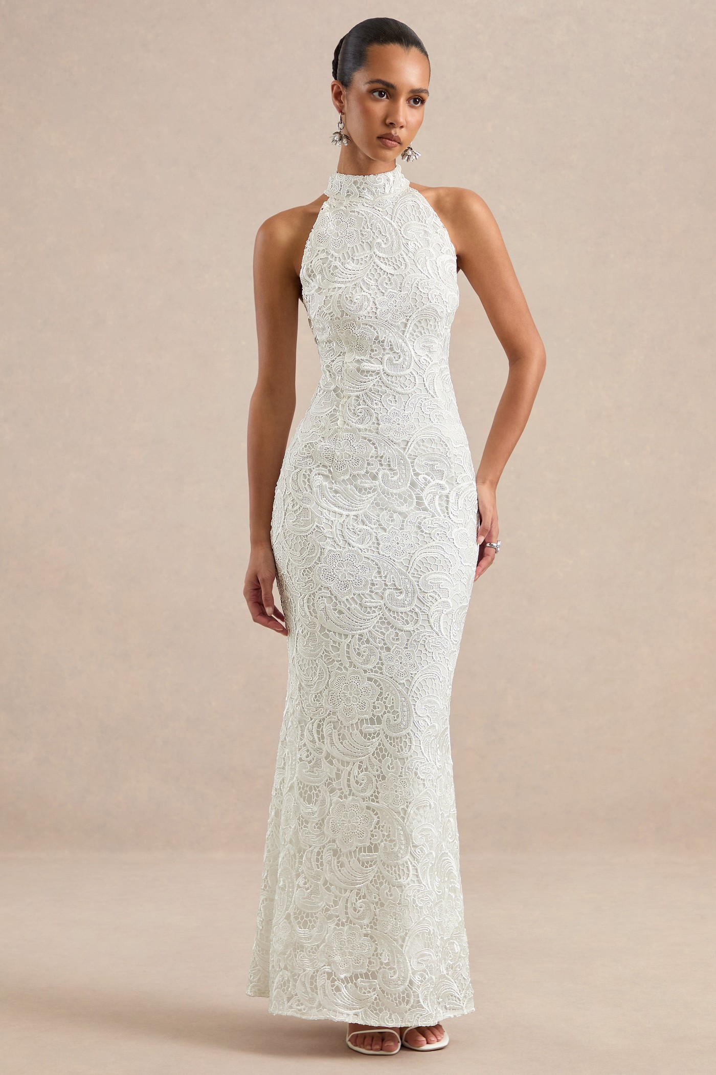 Devenia | White Lace High Neck Maxi Dress With Low Back And Back Split