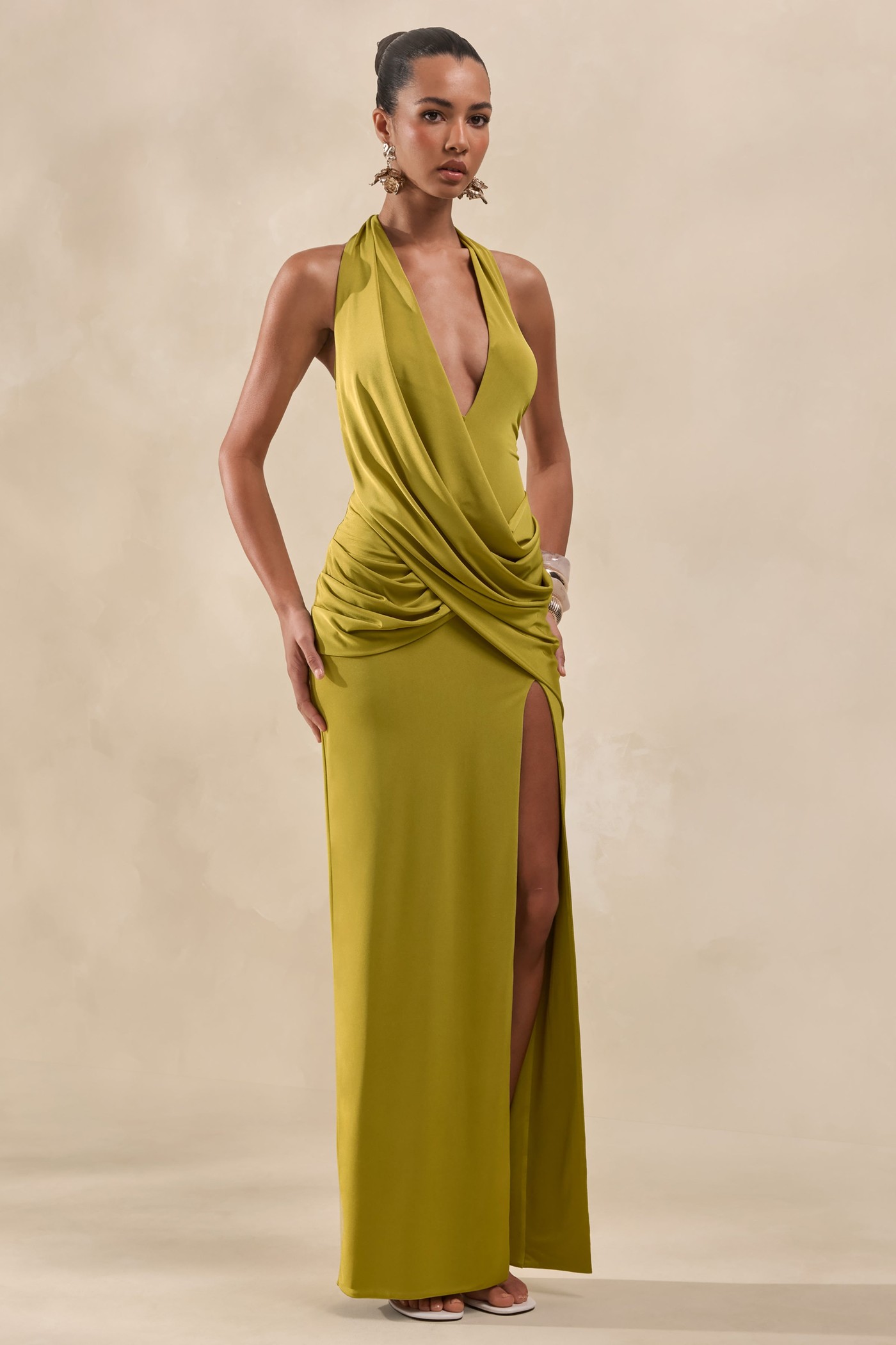 Junia | Olive Extreme Plunge-Neck Maxi Dress With Front High Split view 4