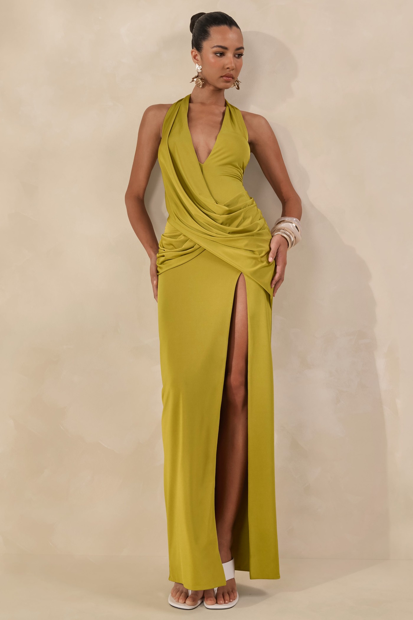 Junia | Olive Extreme Plunge-Neck Maxi Dress With Front High Split
