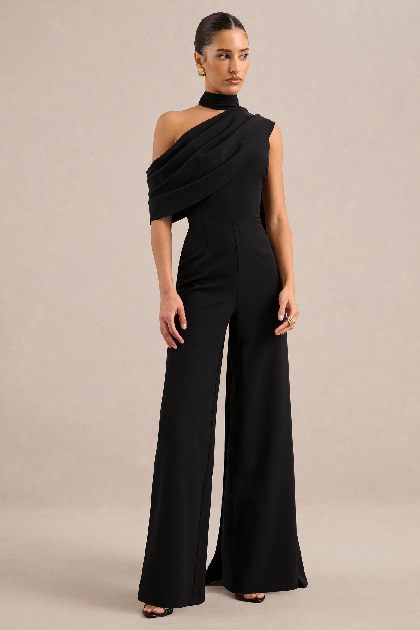 Zavlyn | Black High Neck Short Sleeve Jumpsuit With Off The Shoulder Detailing and Cape view 3