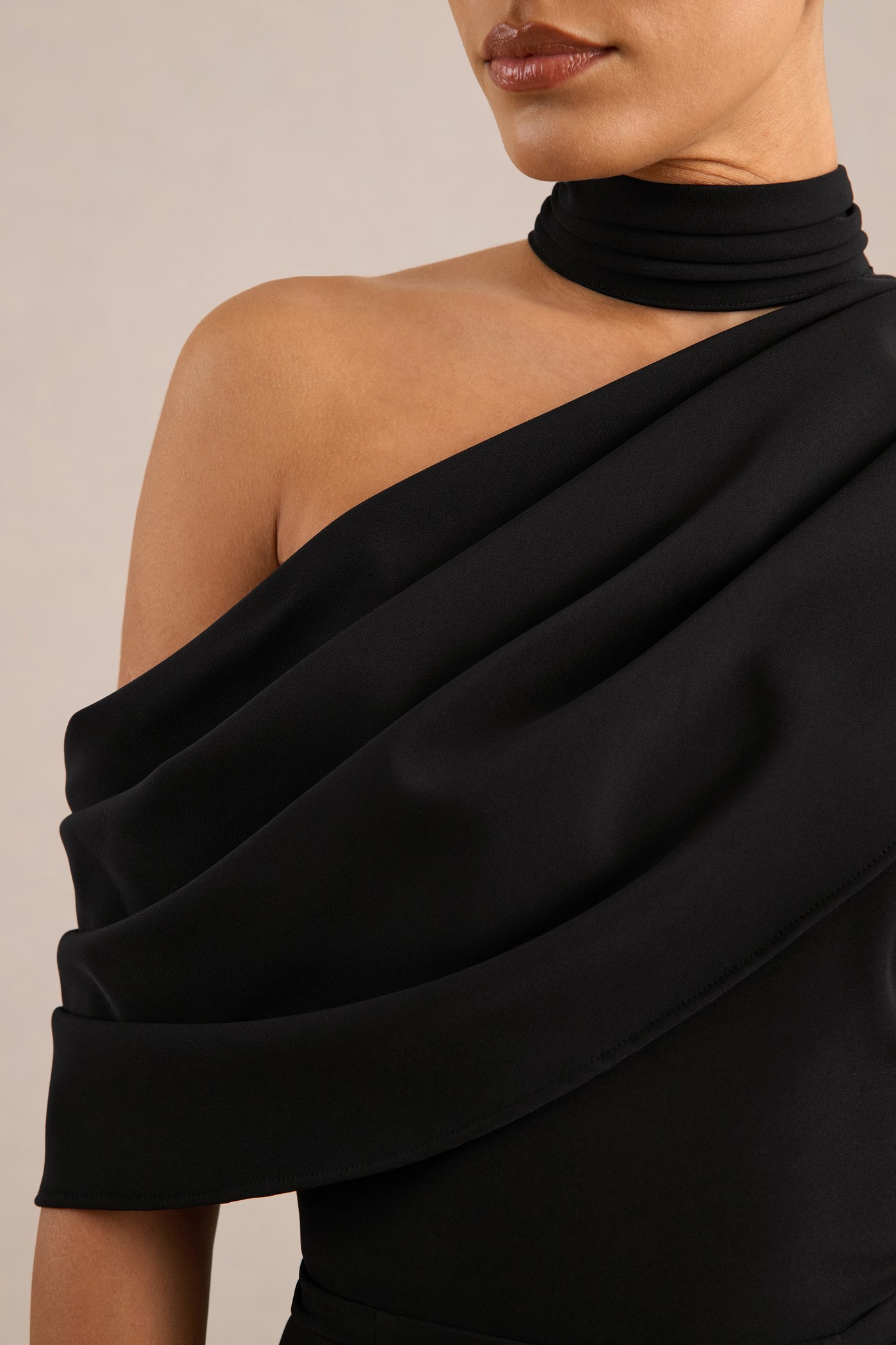 Zavlyn | Black High Neck Short Sleeve Jumpsuit With Off The Shoulder Detailing and Cape view 4