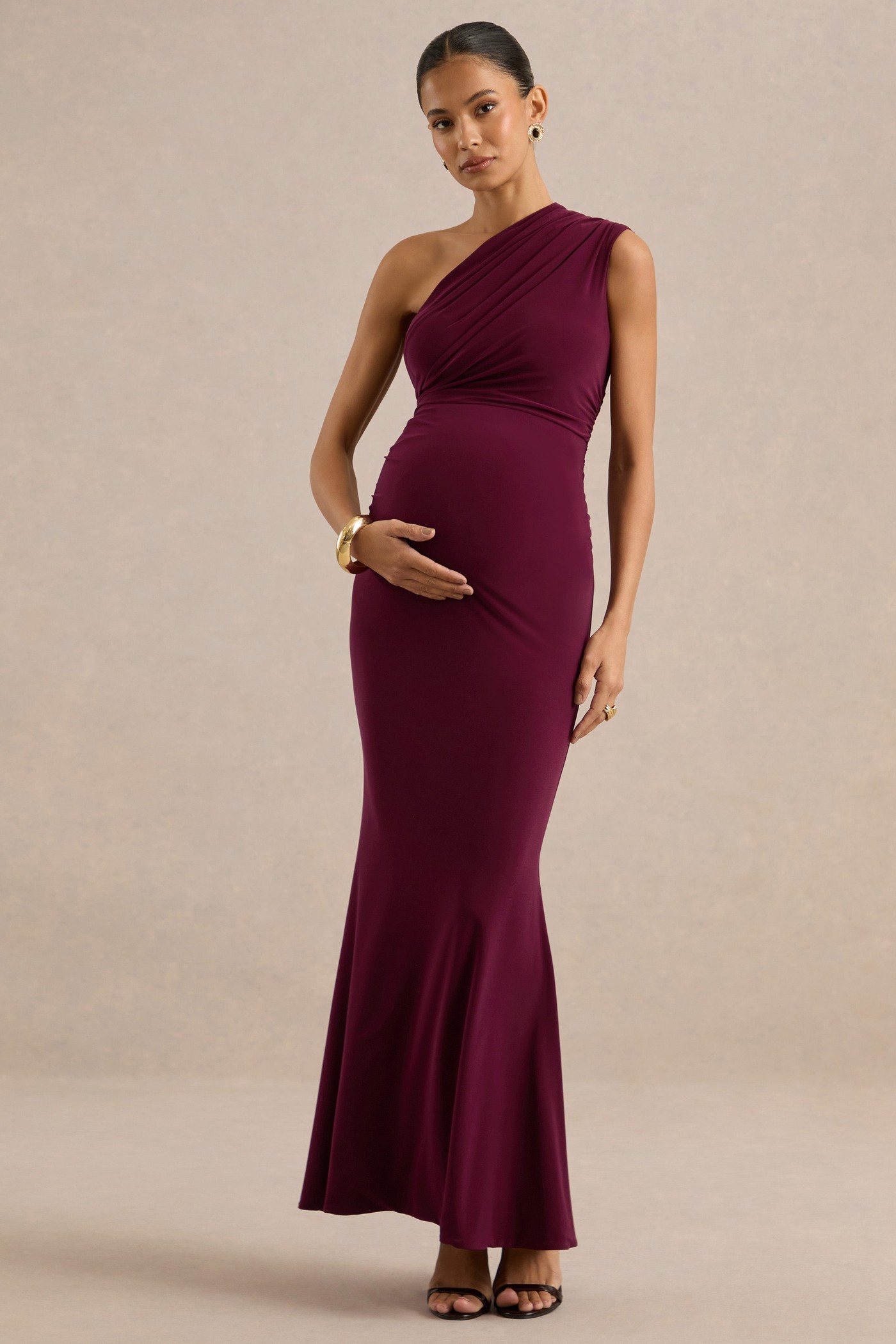 Gwenenza | Berry Red Jersey One Shoulder Maternity Maxi Dress With Gathered Detailing