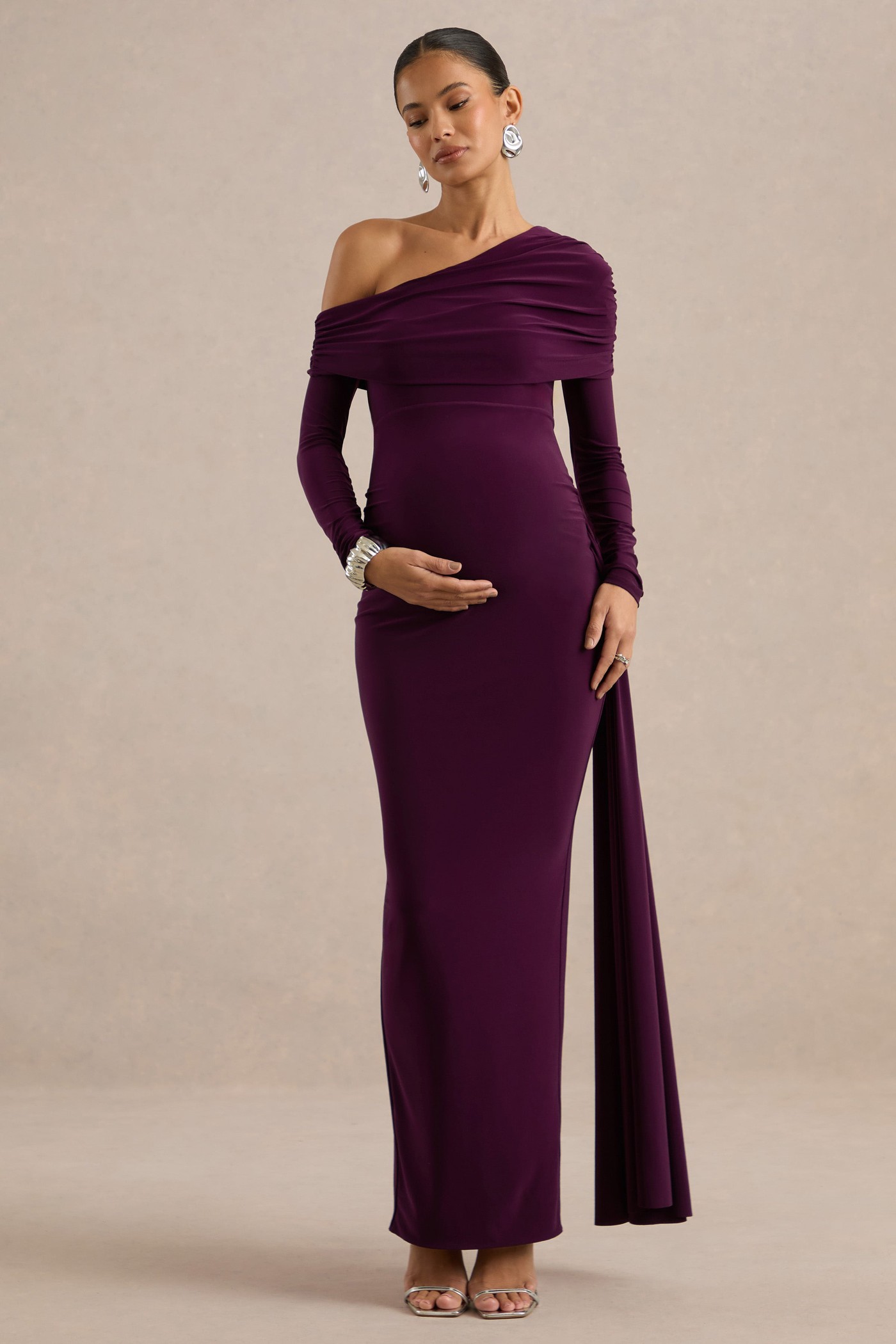 Amara | Purple Asymmetric-Neck Maternity Maxi Dress With Sash Detail view 3
