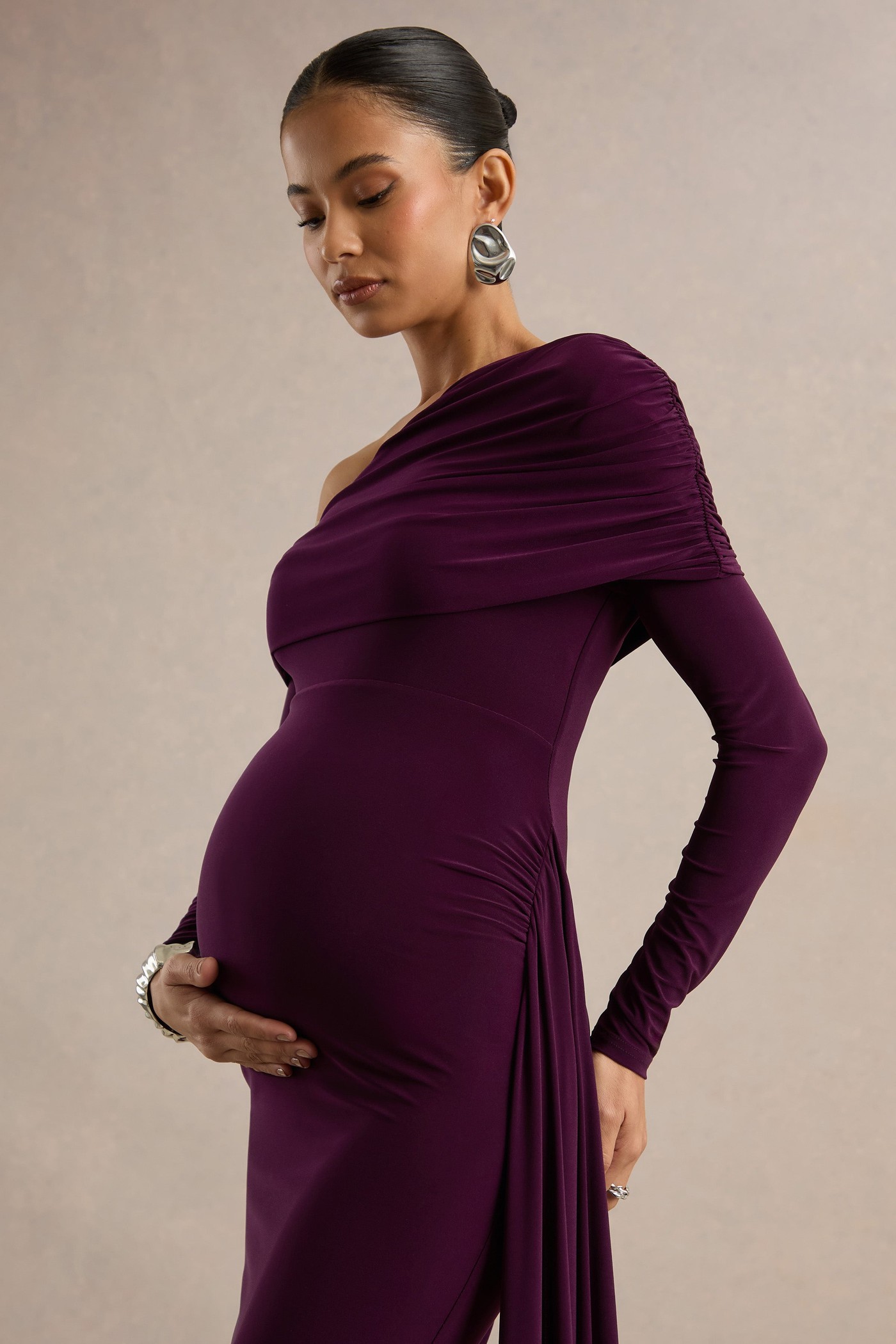 Amara | Purple Asymmetric-Neck Maternity Maxi Dress With Sash Detail view 4