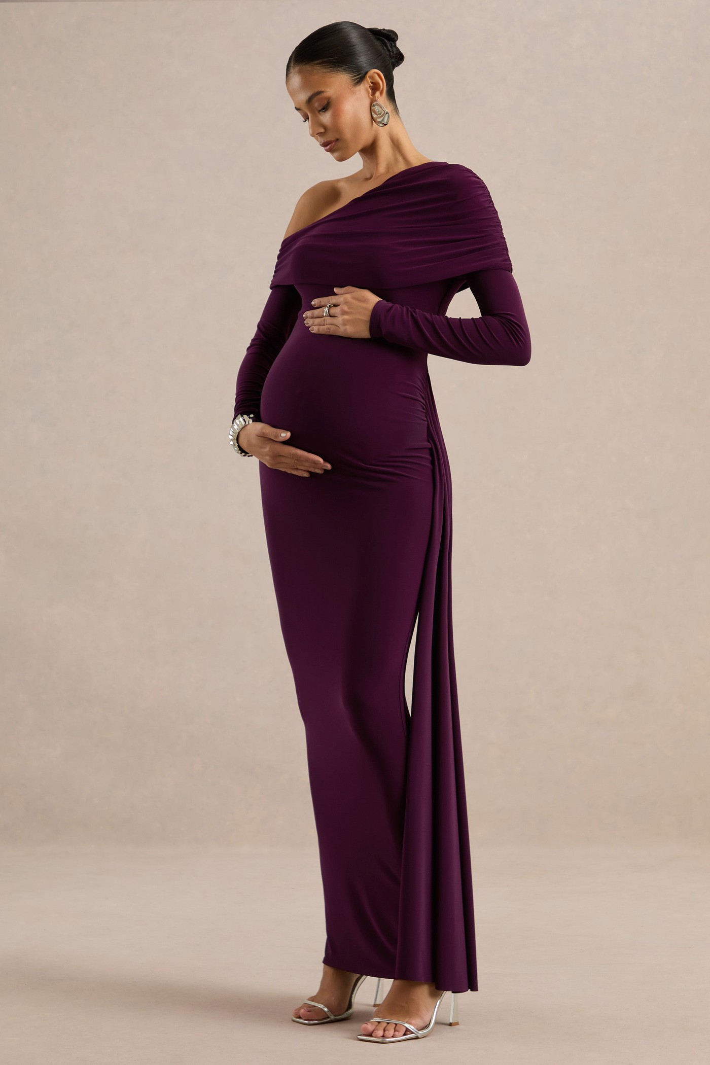 Amara | Purple Asymmetric-Neck Maternity Maxi Dress With Sash Detail