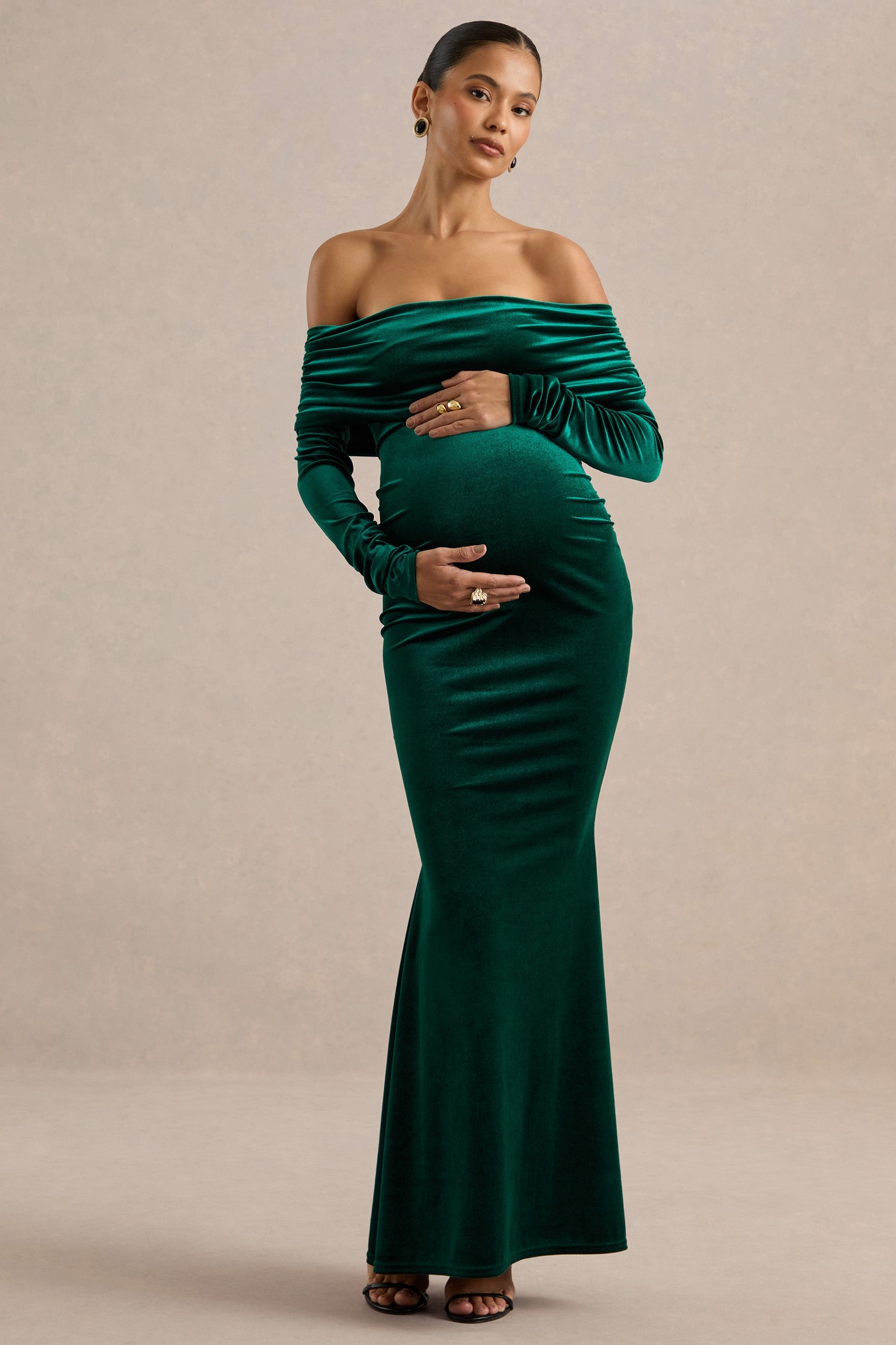 Saevana | Dark Green Velvet Bardot Long Sleeve Maternity Maxi Dress With Gathered Detailing view 3