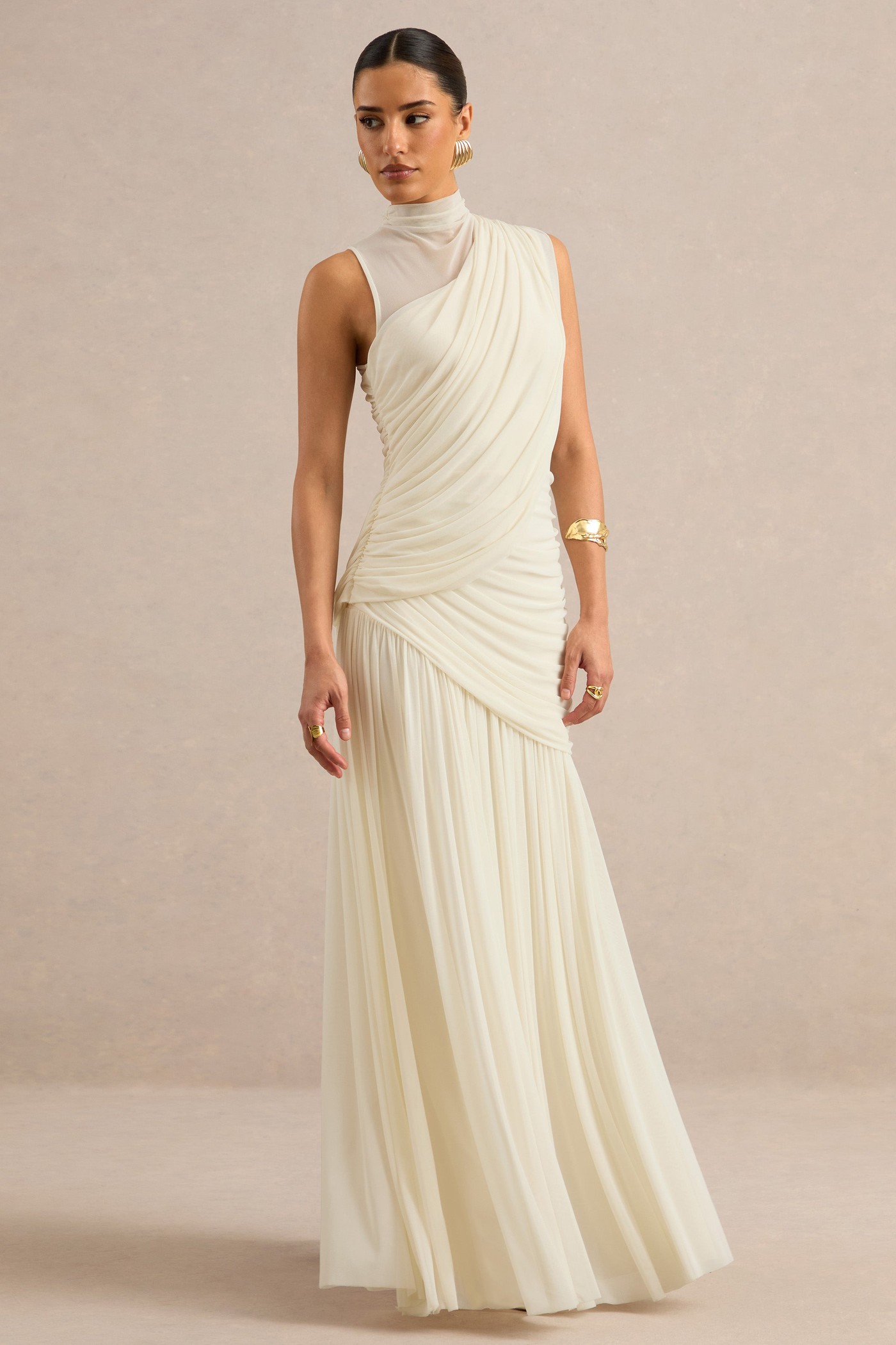Karis | Cream Mesh Ruched High Neck Maxi Dress With Draped Detailing view 3