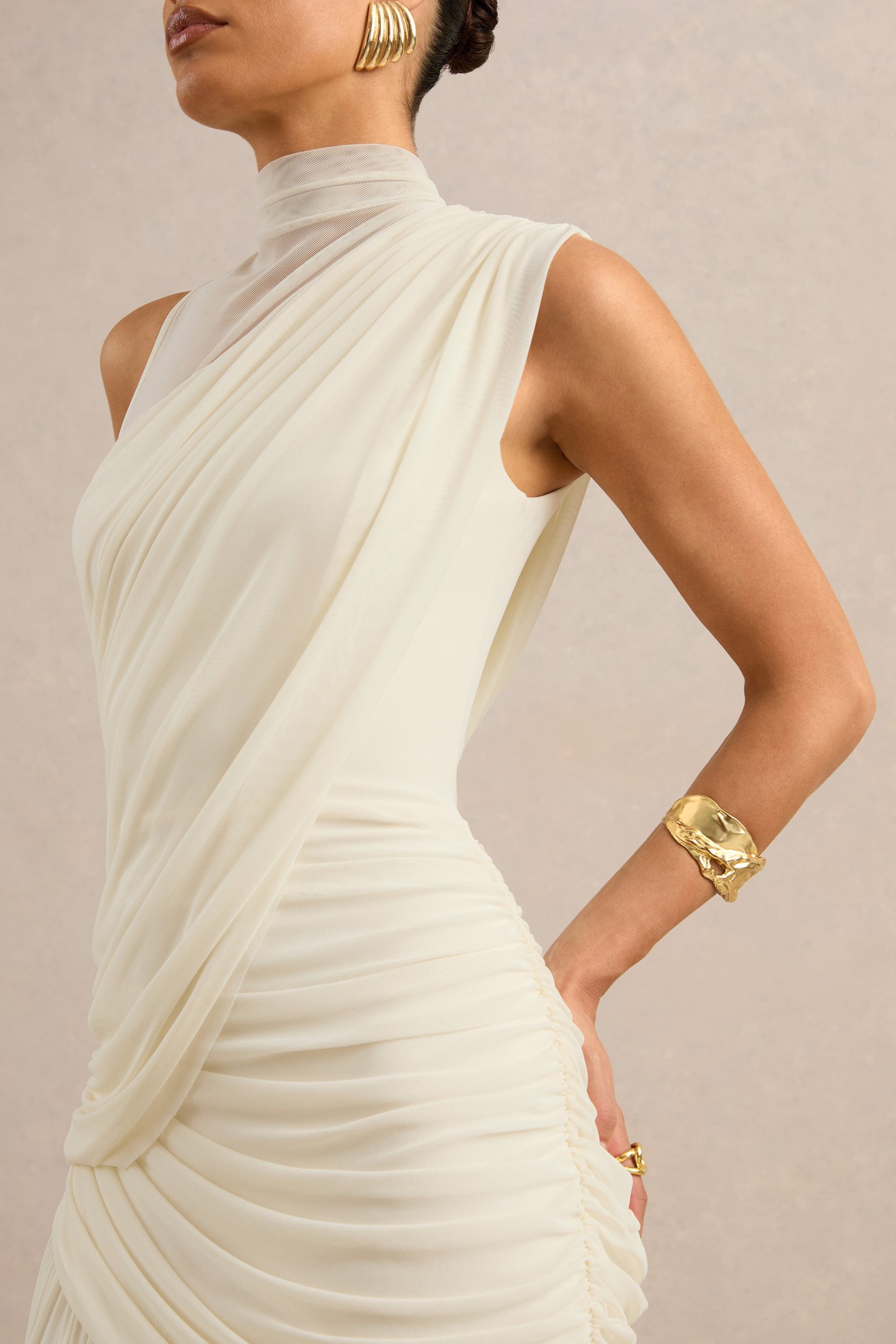 Karis | Cream Mesh Ruched High Neck Maxi Dress With Draped Detailing view 4