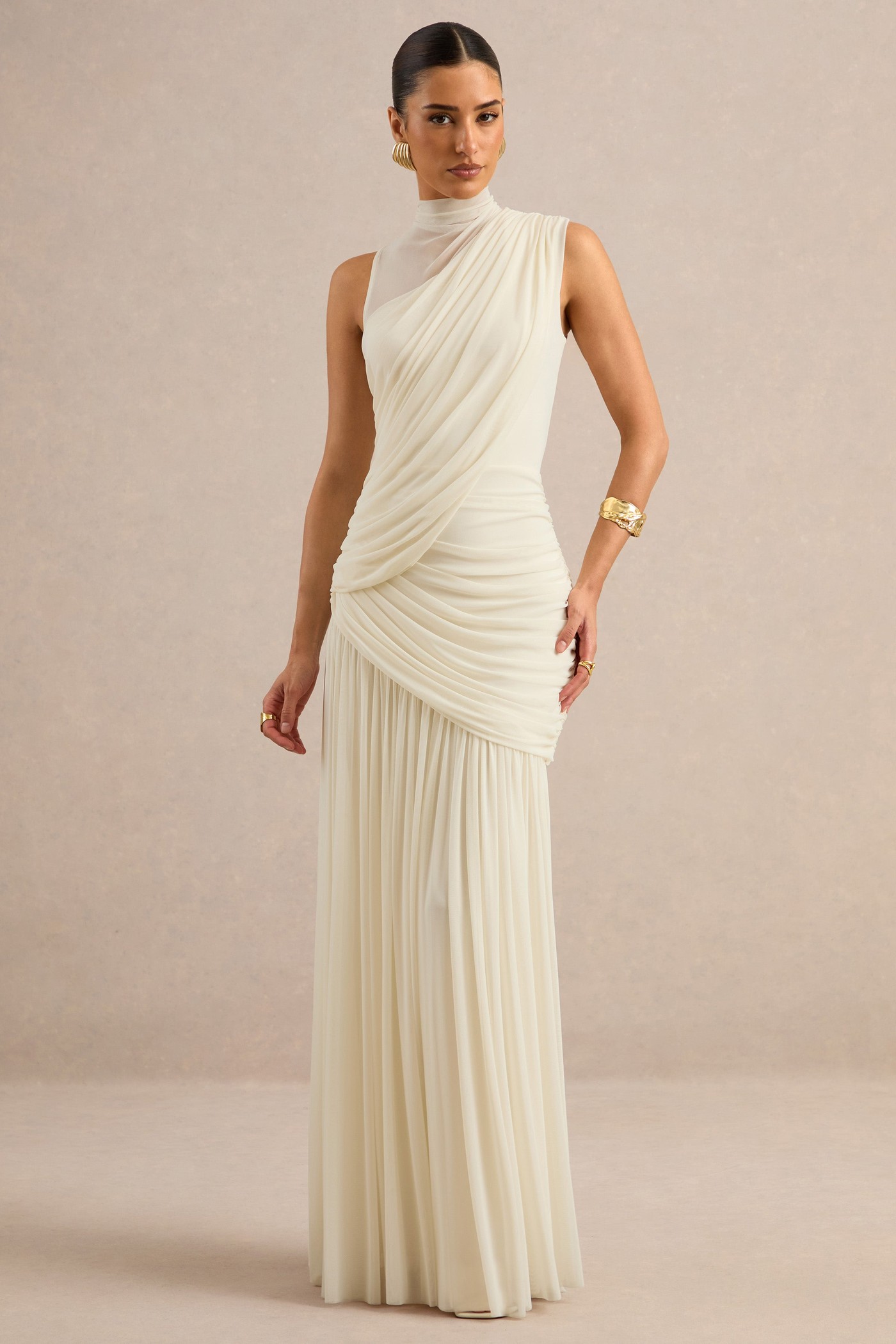 Karis | Cream Mesh Ruched High Neck Maxi Dress With Draped Detailing