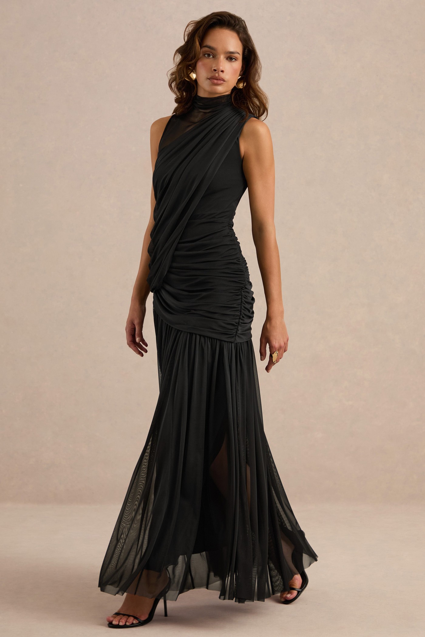 Karis | Black Mesh Ruched High Neck Maxi Dress With Draped Detailing view 3
