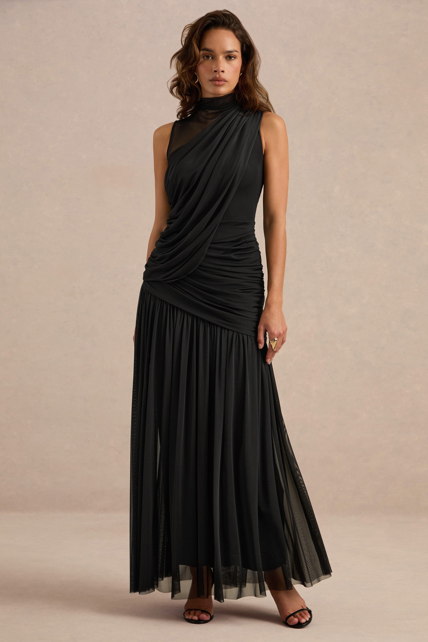 Karis | Black Mesh Ruched High Neck Maxi Dress With Draped Detailing