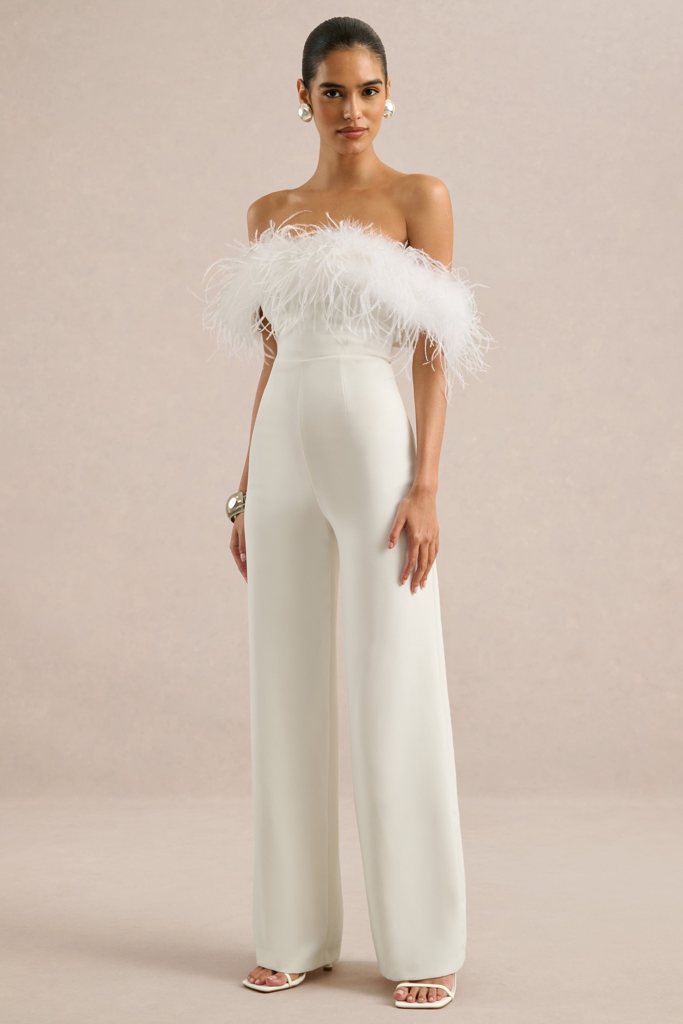 Halonna | White Off The Shoulder Jumpsuit With Feather Detailing view 3
