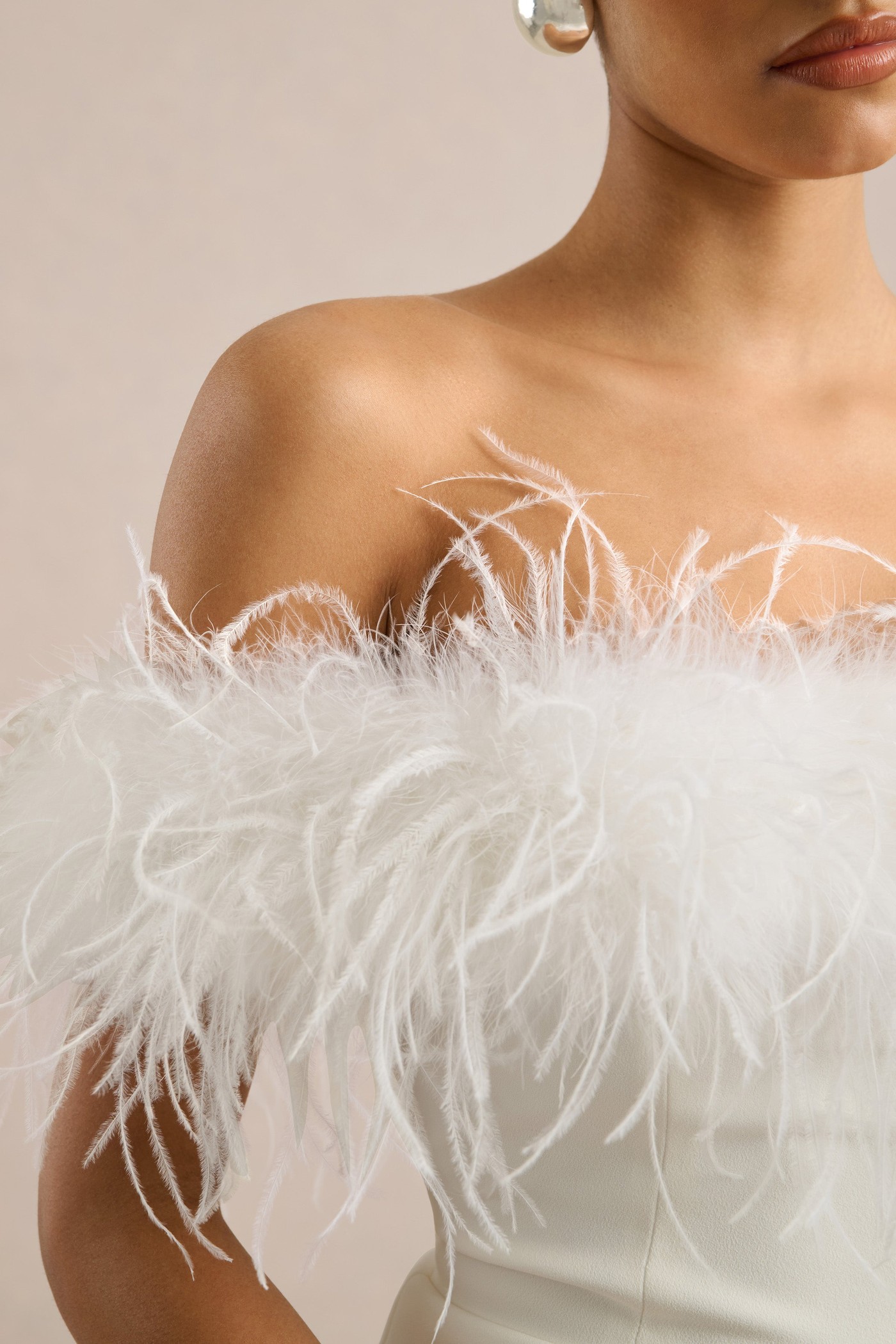 Halonna | White Off The Shoulder Jumpsuit With Feather Detailing view 4