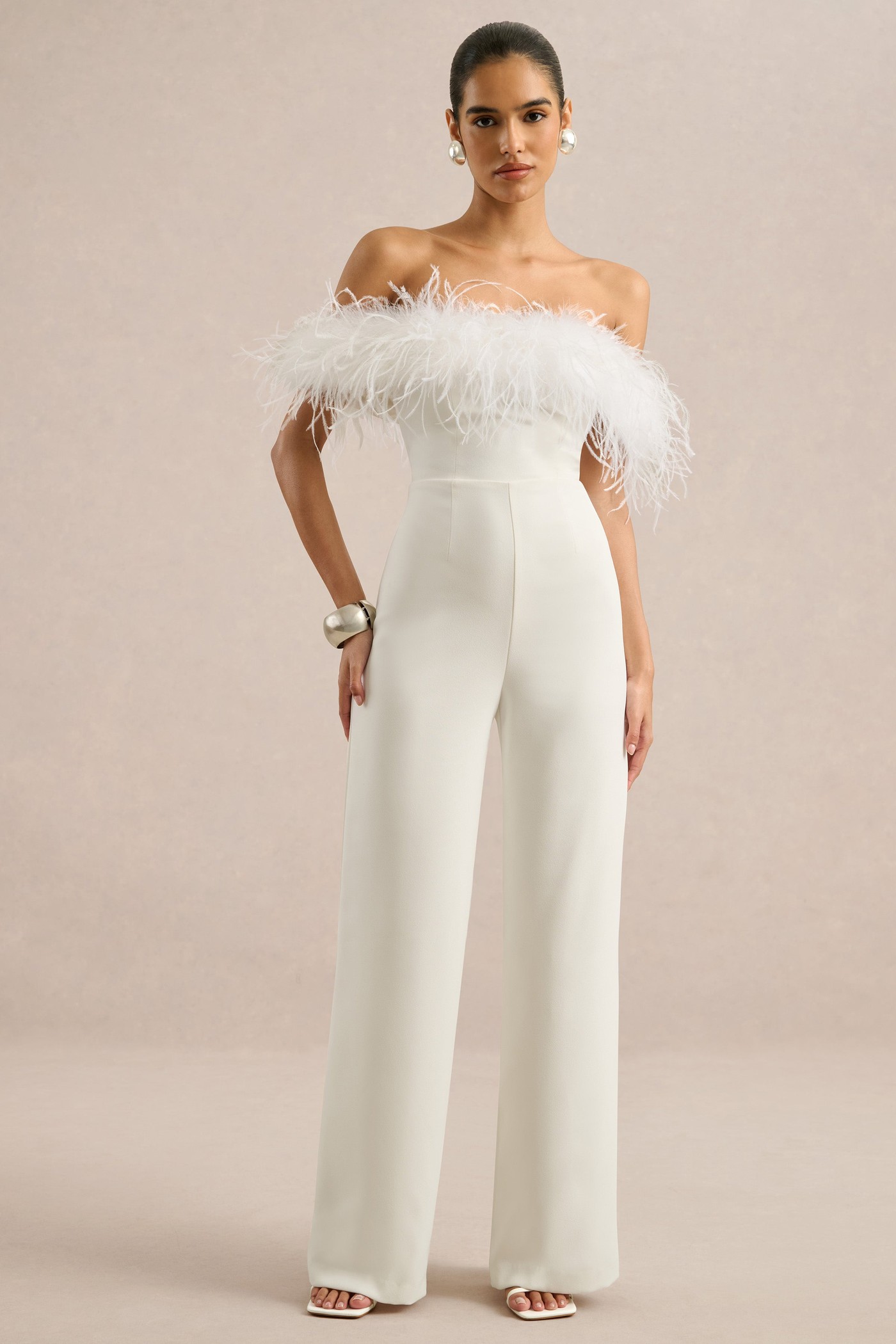 Halonna | White Off The Shoulder Jumpsuit With Feather Detailing