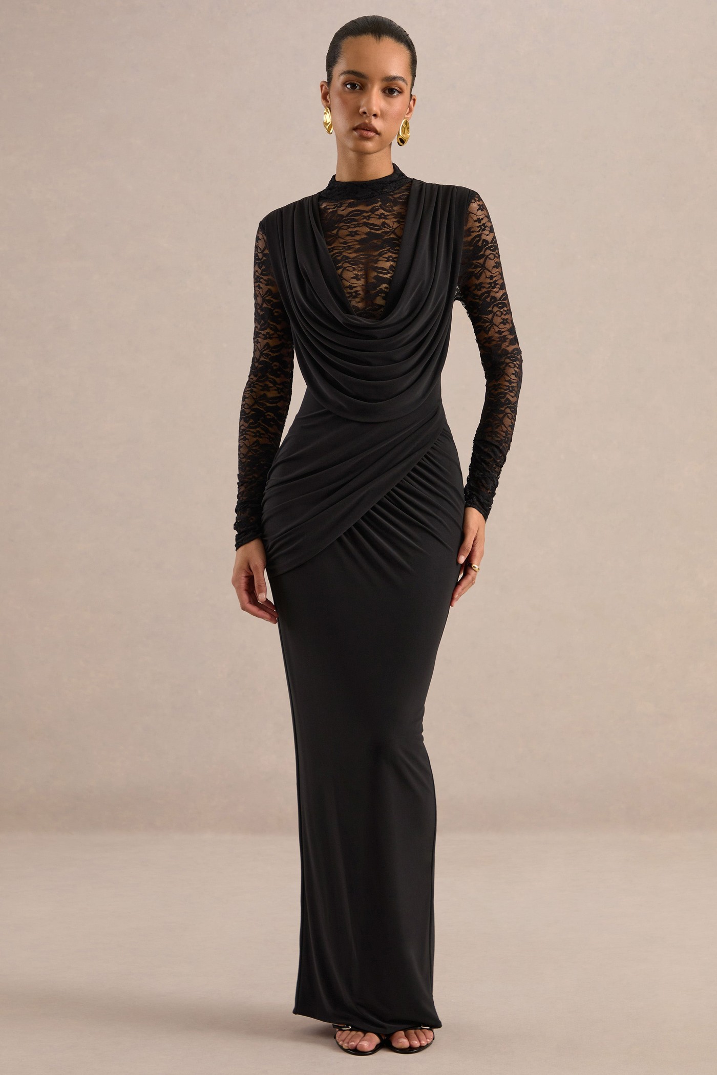 Veradis | Black Jersey High Neck Long Sleeve Maxi Dress With Draping And Sheer Lace Detailing view 3