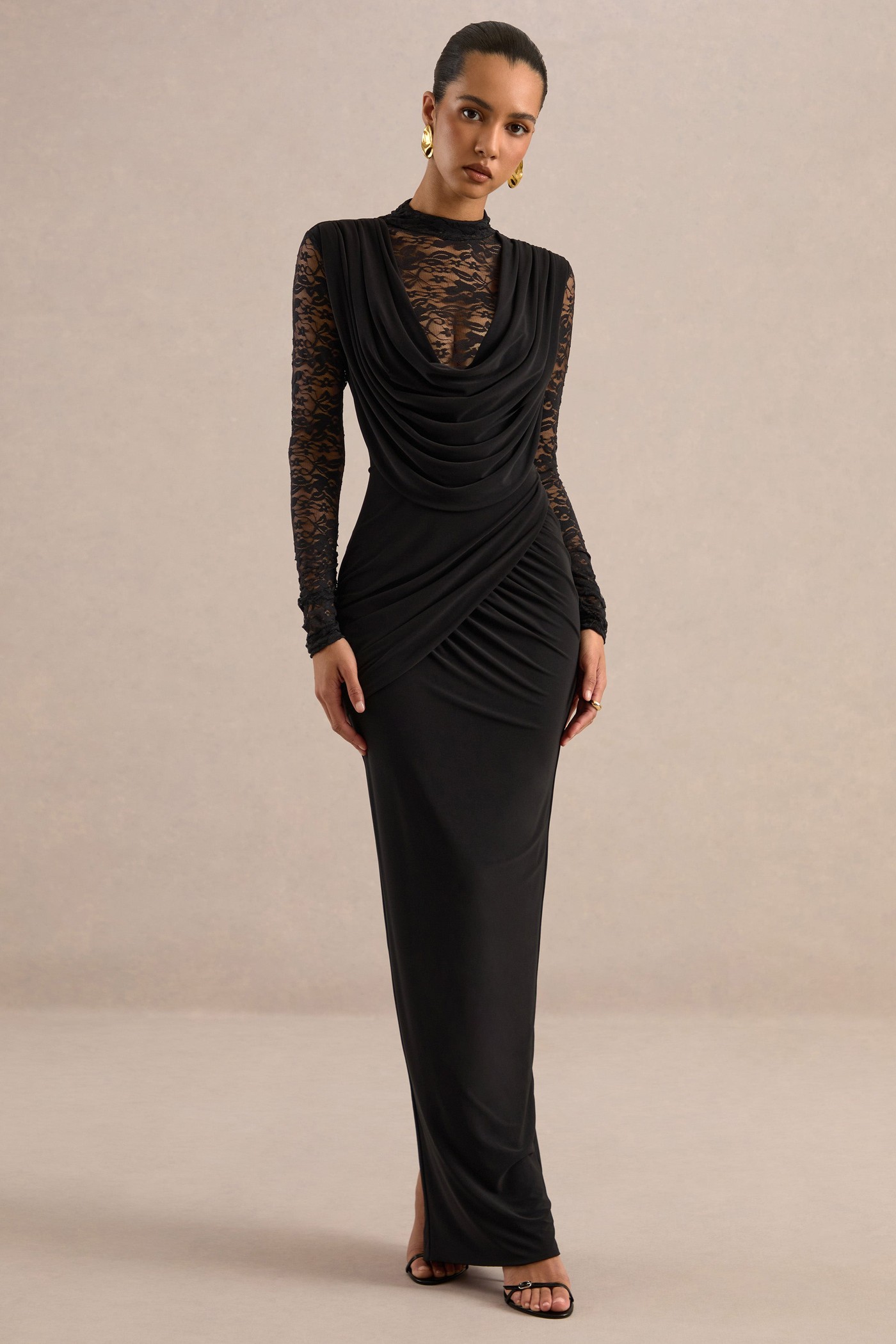 Veradis | Black Jersey High Neck Long Sleeve Maxi Dress With Draping And Sheer Lace Detailing