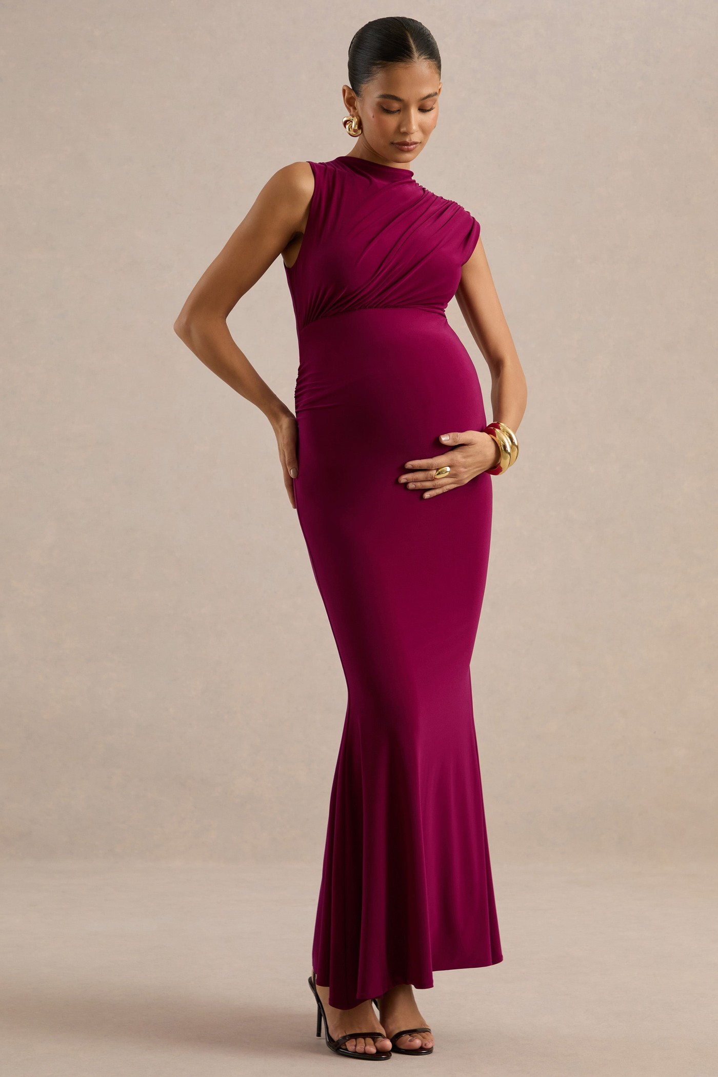 Osanna | Burgundy Jersey Round Neck Maternity Maxi Dress With Gathered Detailing view 3