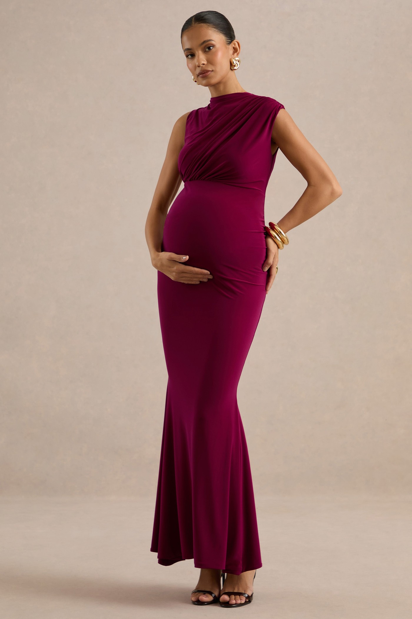 Osanna | Burgundy Jersey Round Neck Maternity Maxi Dress With Gathered Detailing