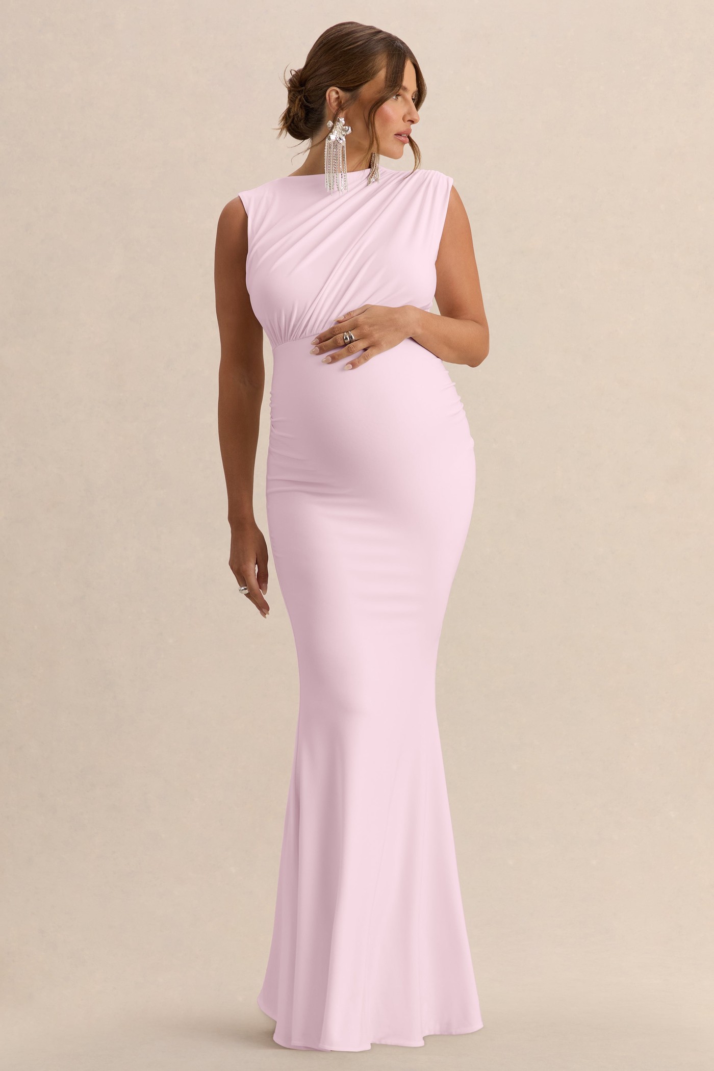 Osanna | Light Pink Jersey Round Neck Maternity Maxi Dress With Gathered Detailing view 3