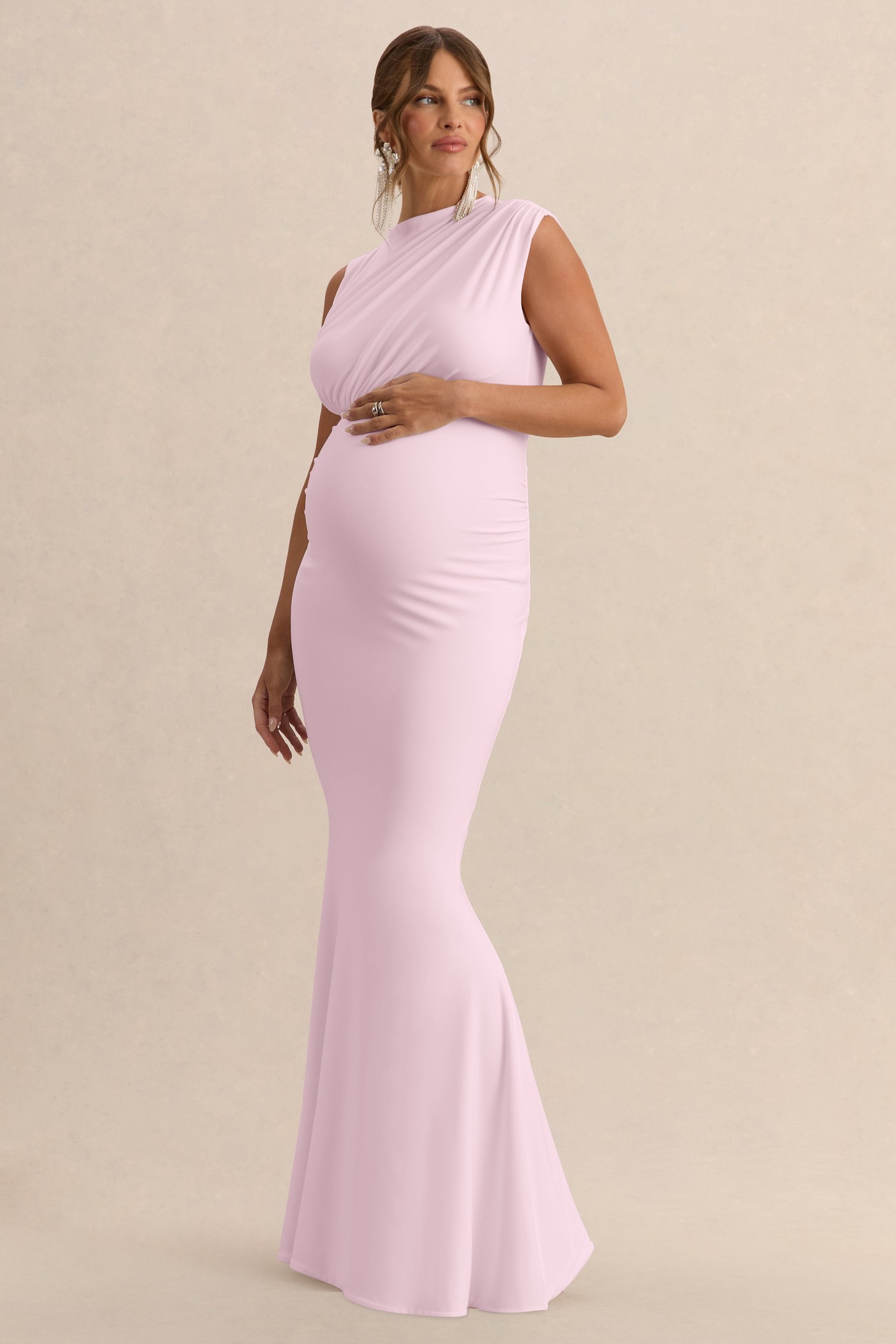 Osanna | Light Pink Jersey Round Neck Maternity Maxi Dress With Gathered Detailing